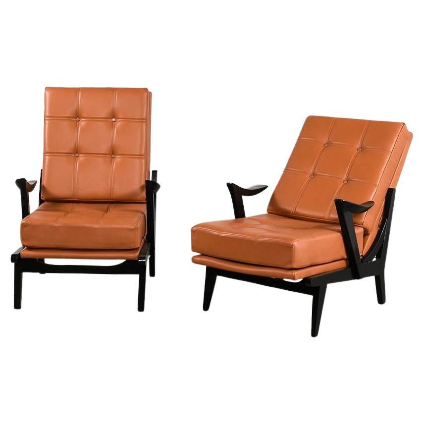 Wood and Leather Armchairs, circa 1950 For Sale