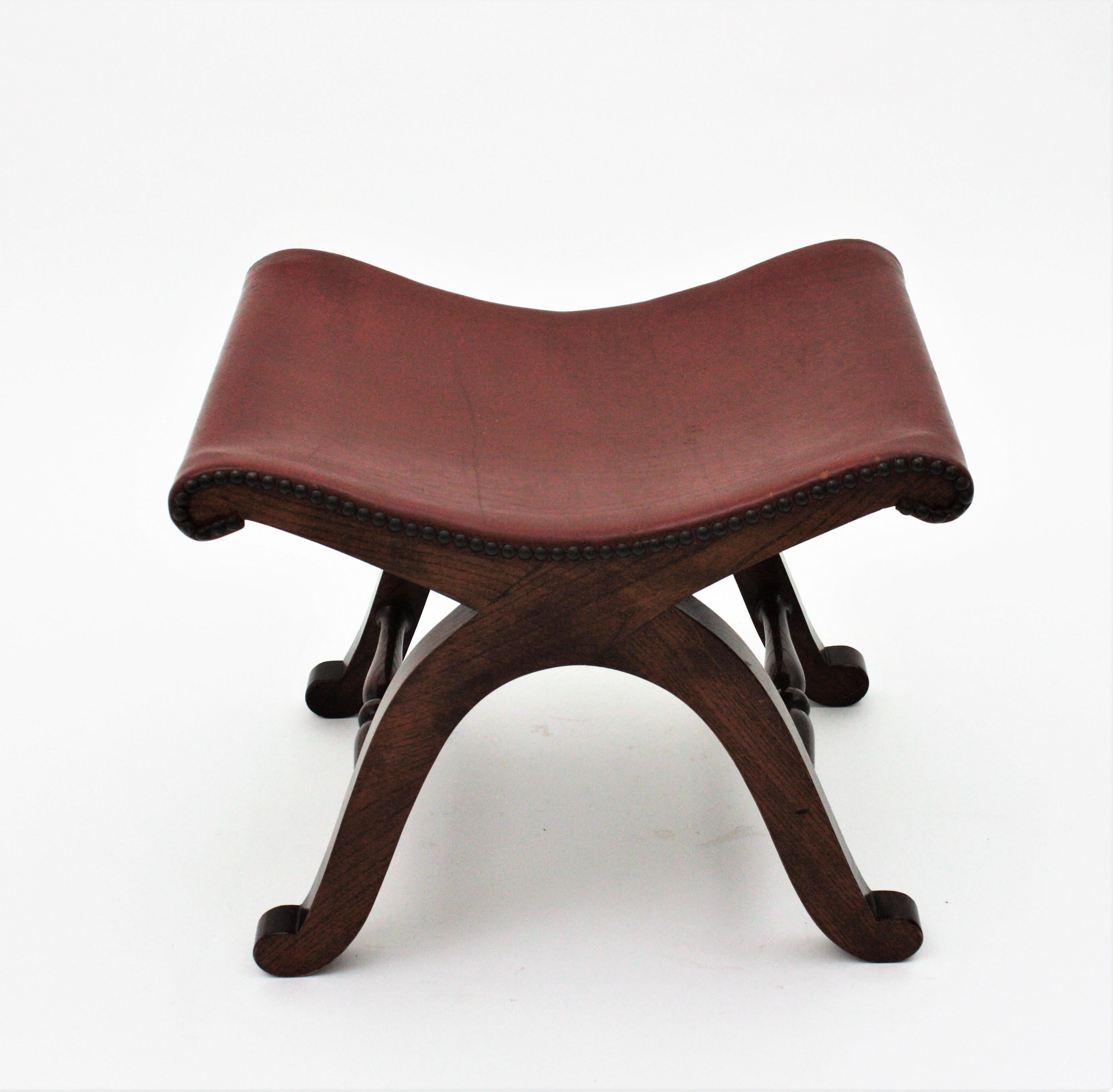 Mid-Century Modern Curule Stool by Pierre Lottier for Valenti, Wood and Leather