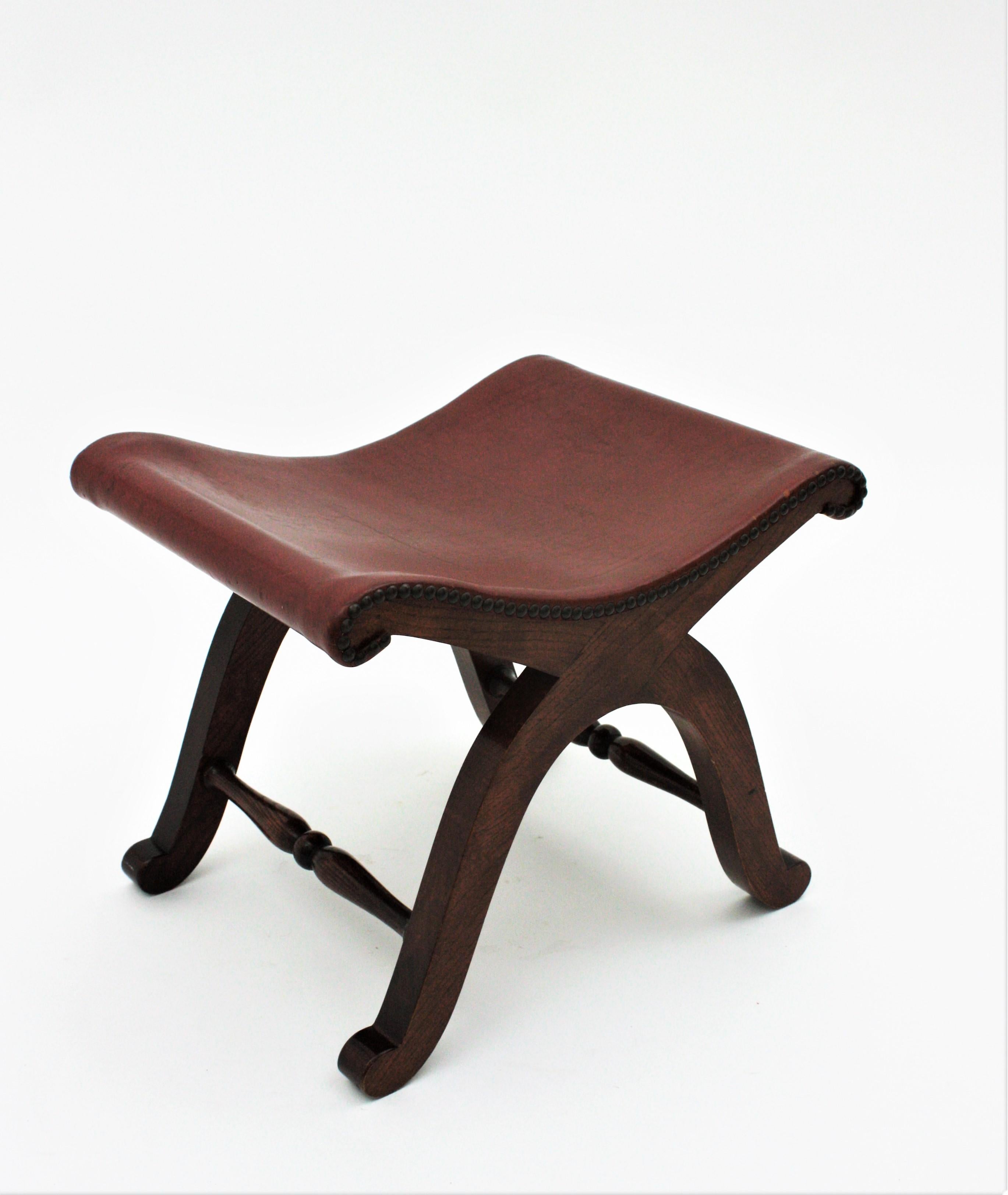 Spanish Curule Stool by Pierre Lottier for Valenti, Wood and Leather For Sale