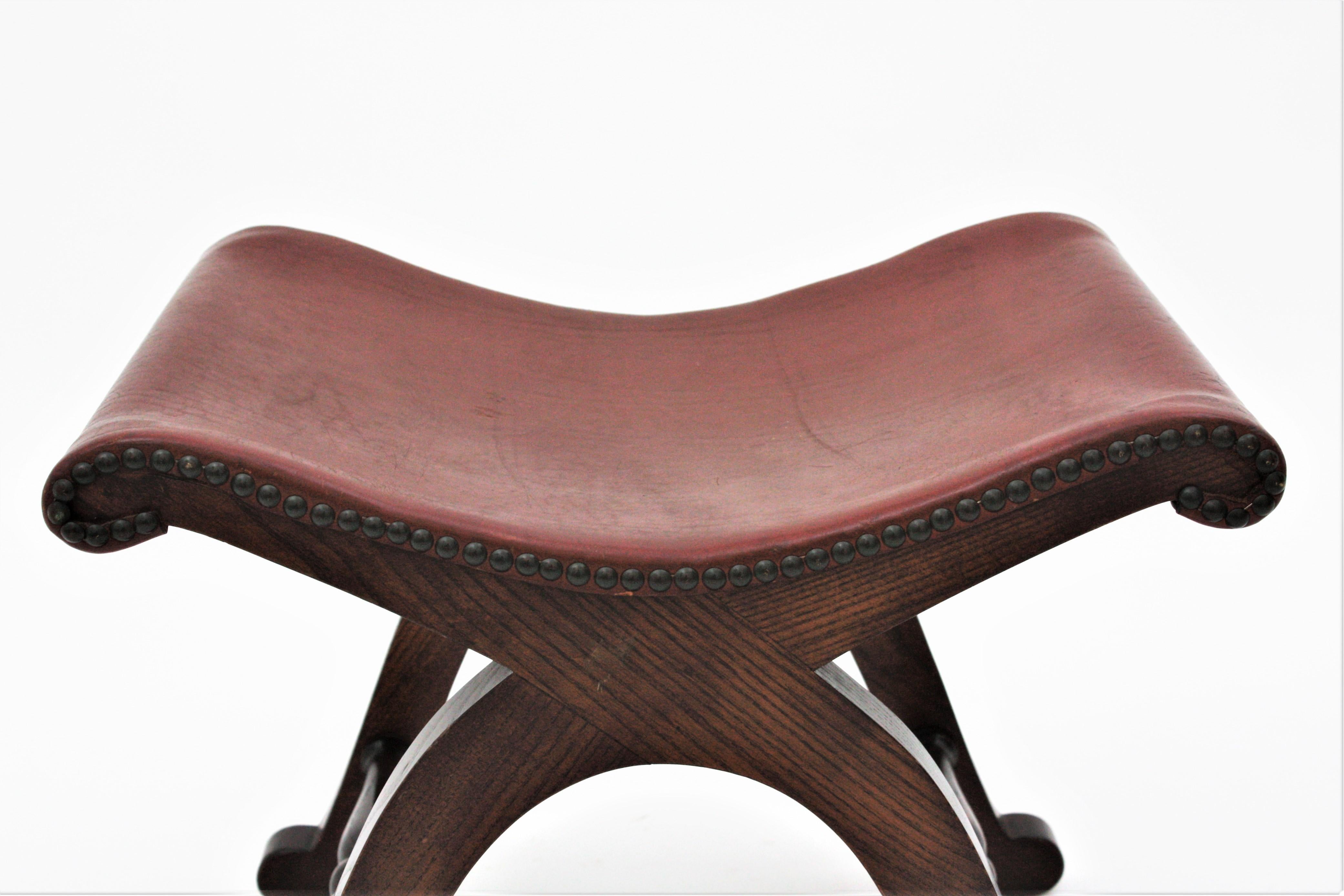 Curule Stool by Pierre Lottier for Valenti, Wood and Leather 1