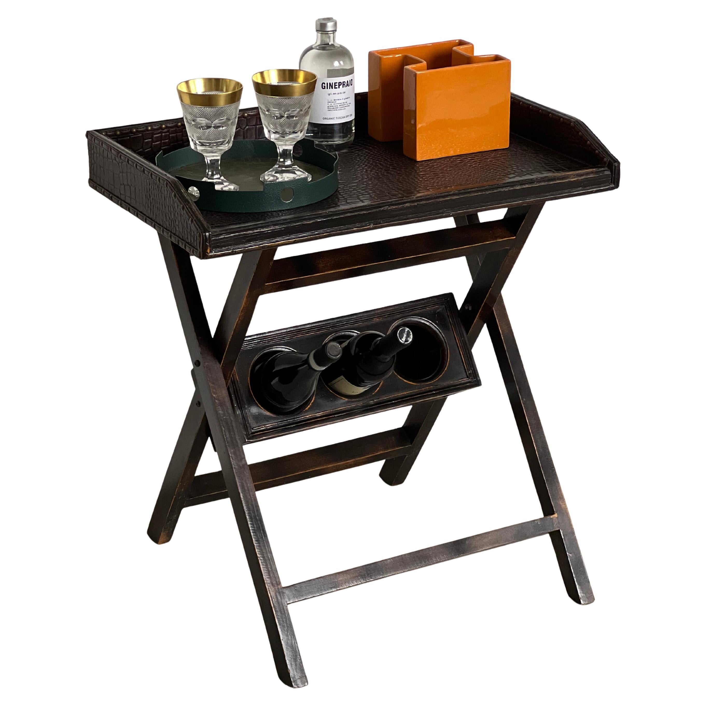 holz und leder serviert tablett, cocktail bar, vintage ecktisch im Angebot