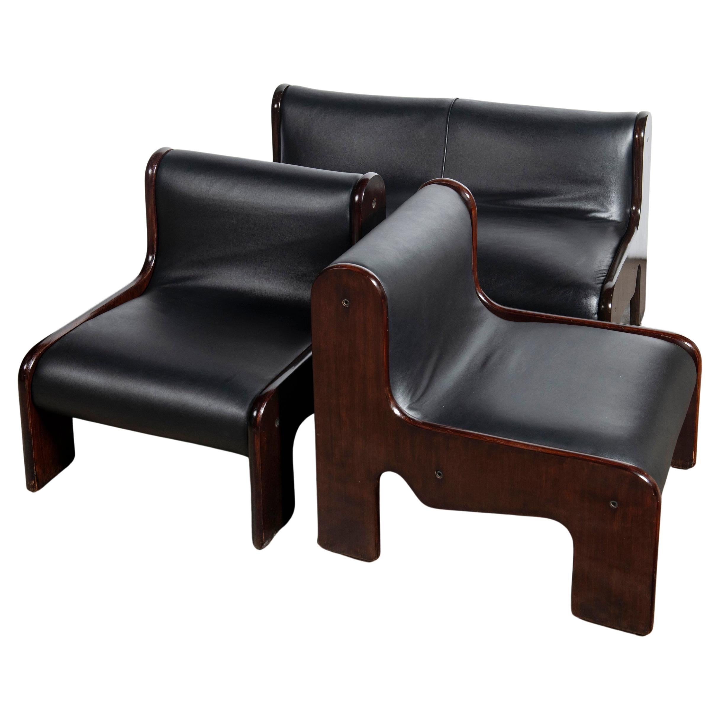 Wood and leather set of 3 LP sofas designed by Ricardo Blanco, Argentina, 1970. For Sale