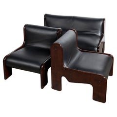 Used Wood and leather set of 3 LP sofas designed by Ricardo Blanco, Argentina, 1970.