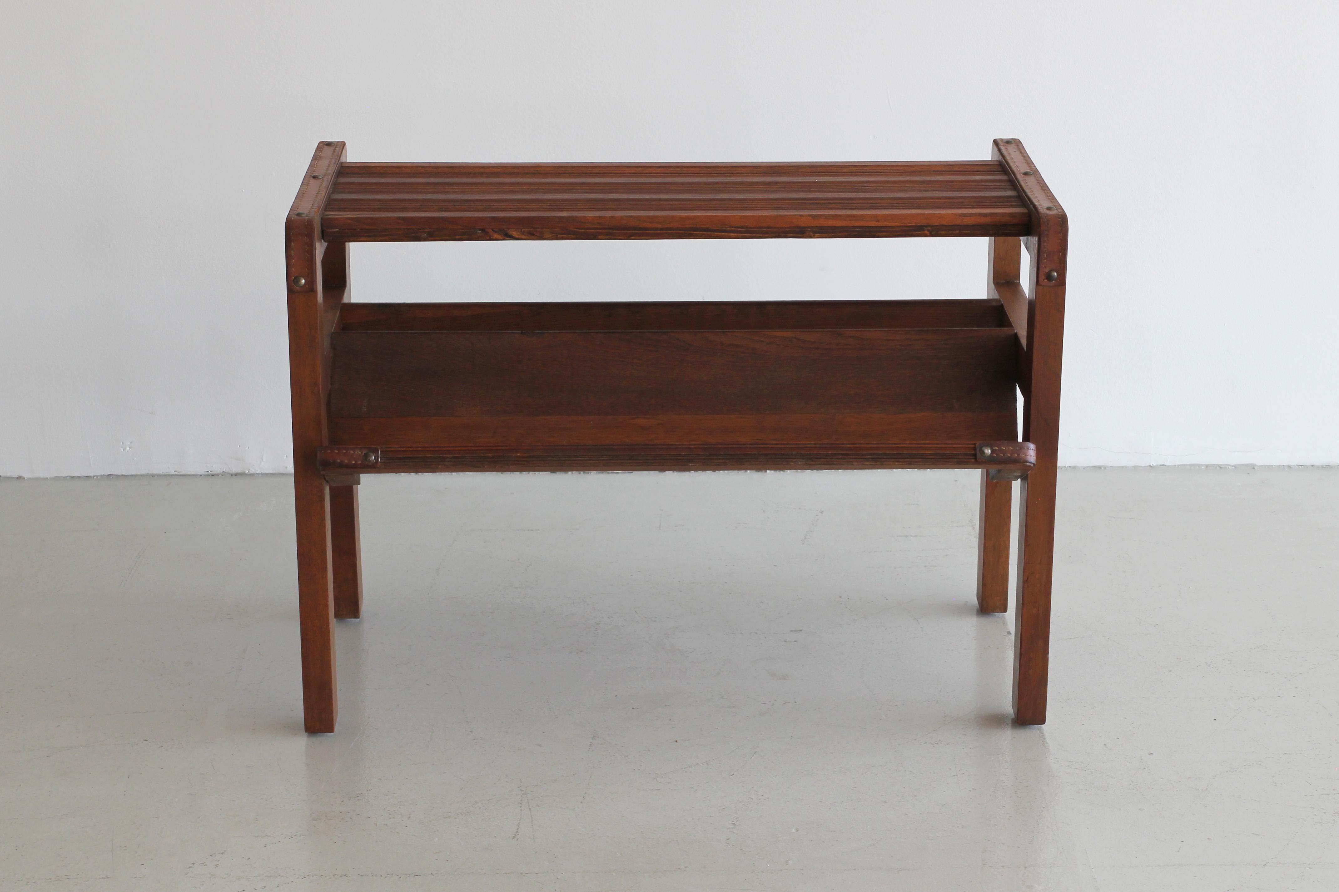 Wood and Leather Side Table by Jacques Adnet In Good Condition In Beverly Hills, CA