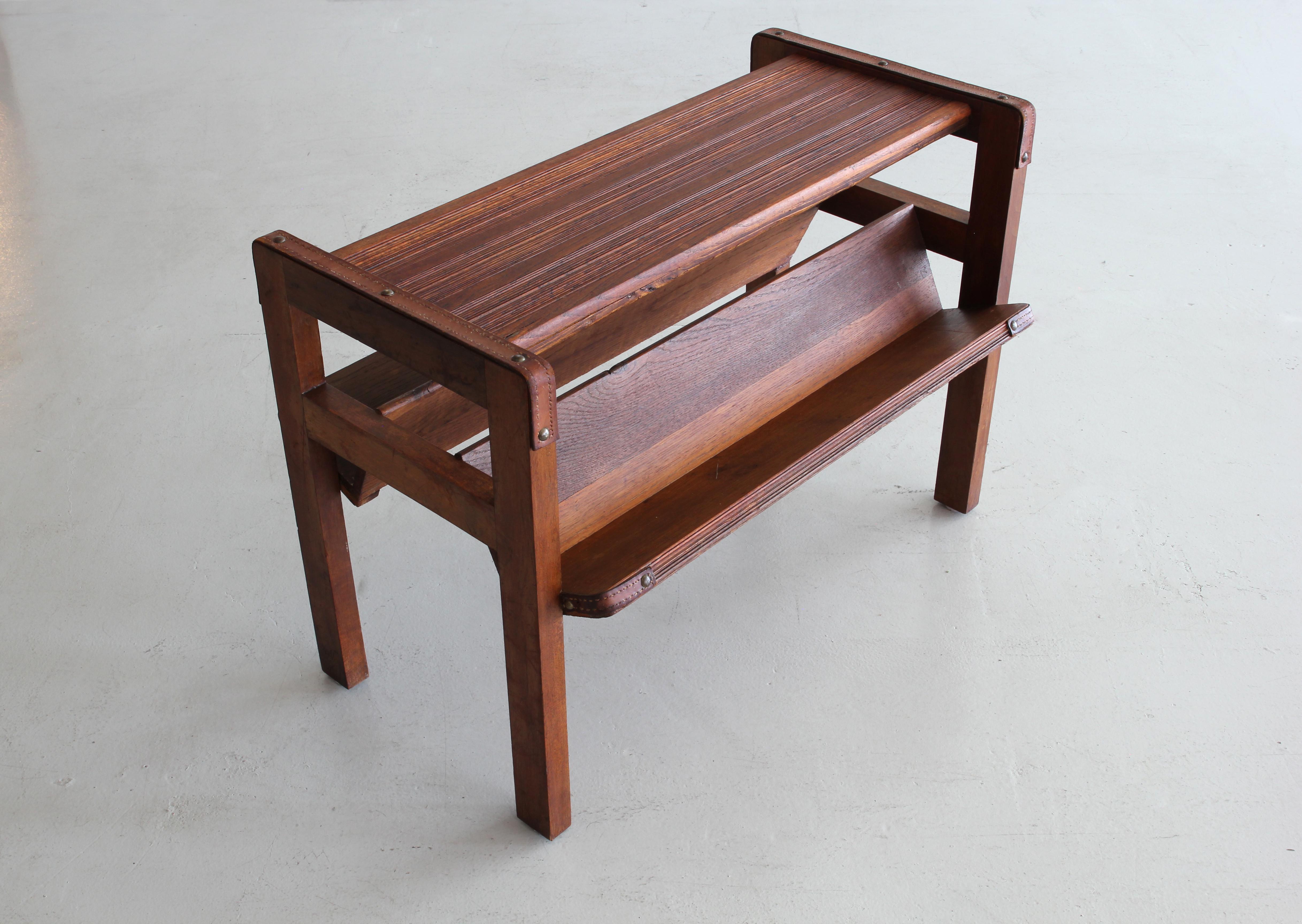 Mid-20th Century Wood and Leather Side Table by Jacques Adnet
