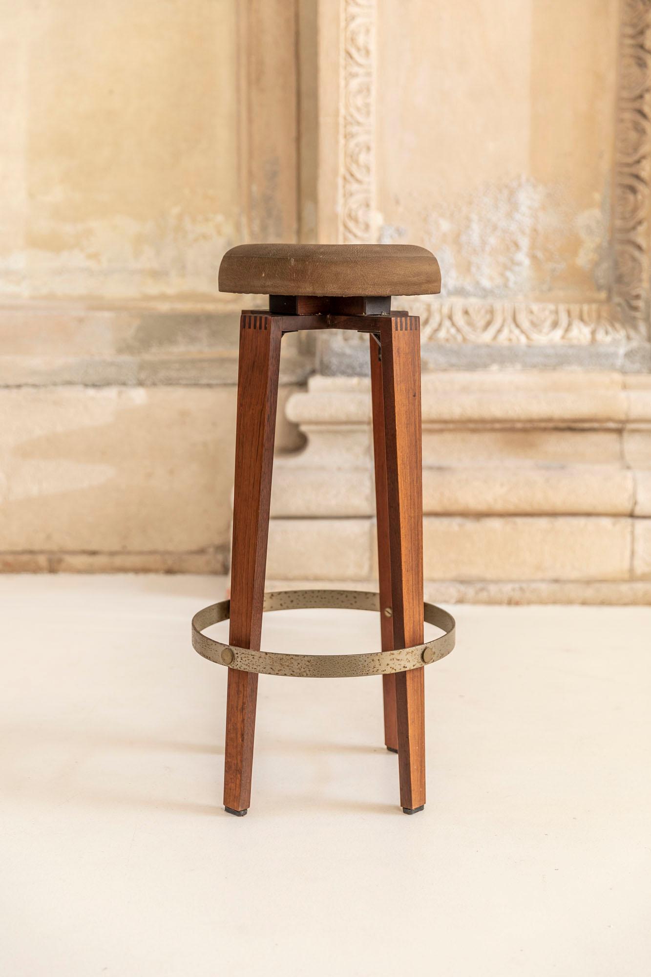 Mid-Century Modern Wood and Leather Stool Attributed to Cassina For Sale