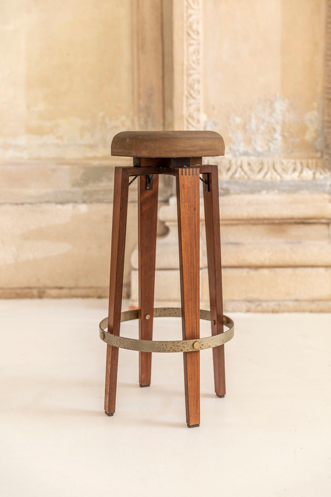 Italian Wood and Leather Stool Attributed to Cassina For Sale