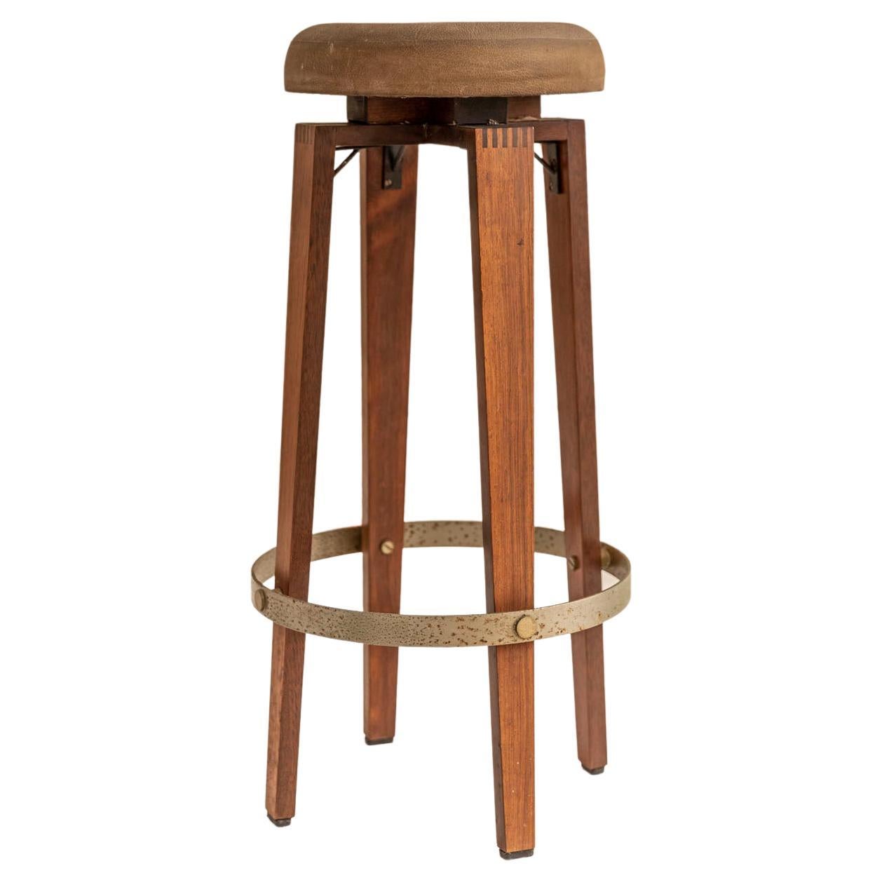 Wood and Leather Stool Attributed to Cassina For Sale