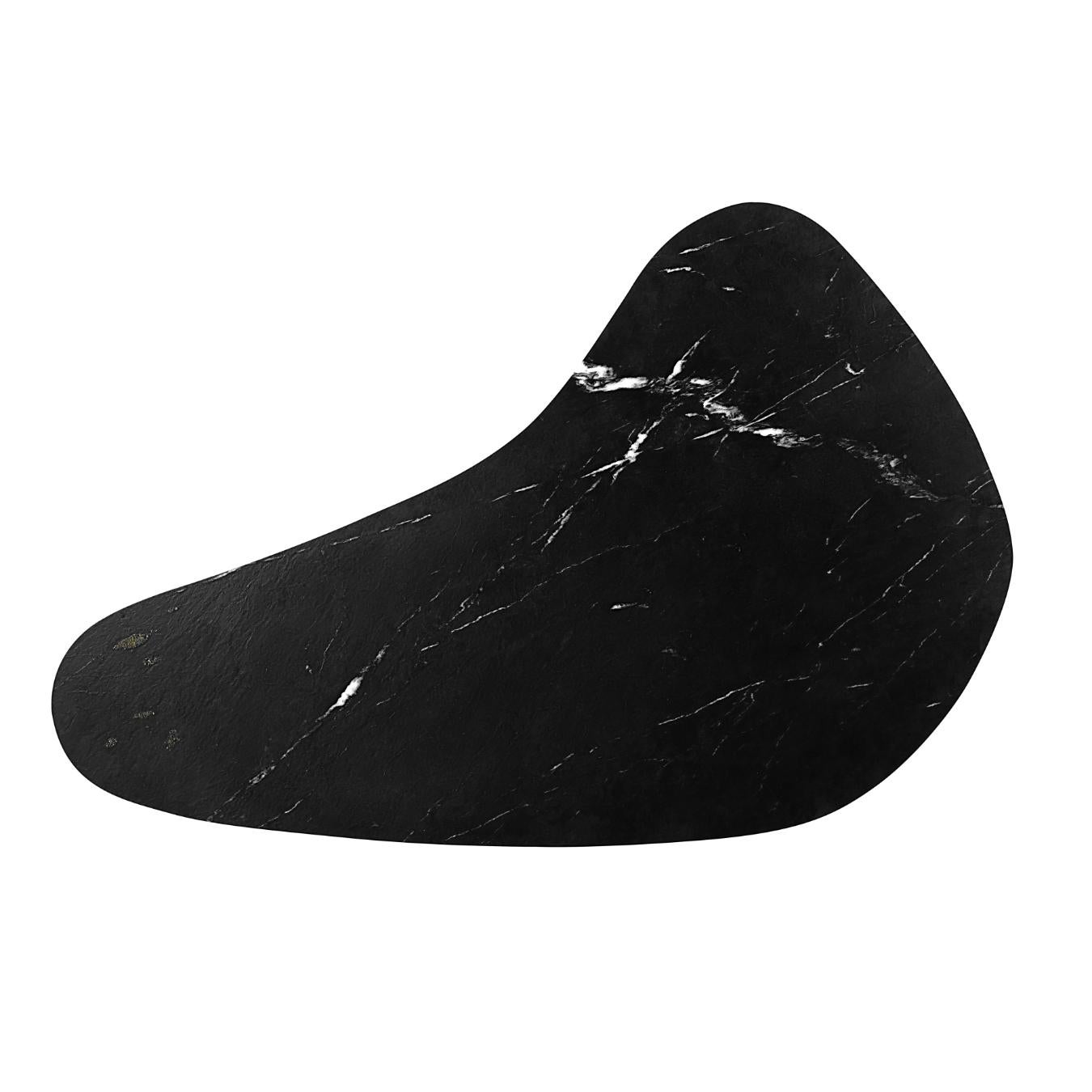This is an organically shaped cocktail table with a stunning black marble tabletop. Its wooden base has a very rustic dark finish that can be placed in any type of decoration.
 