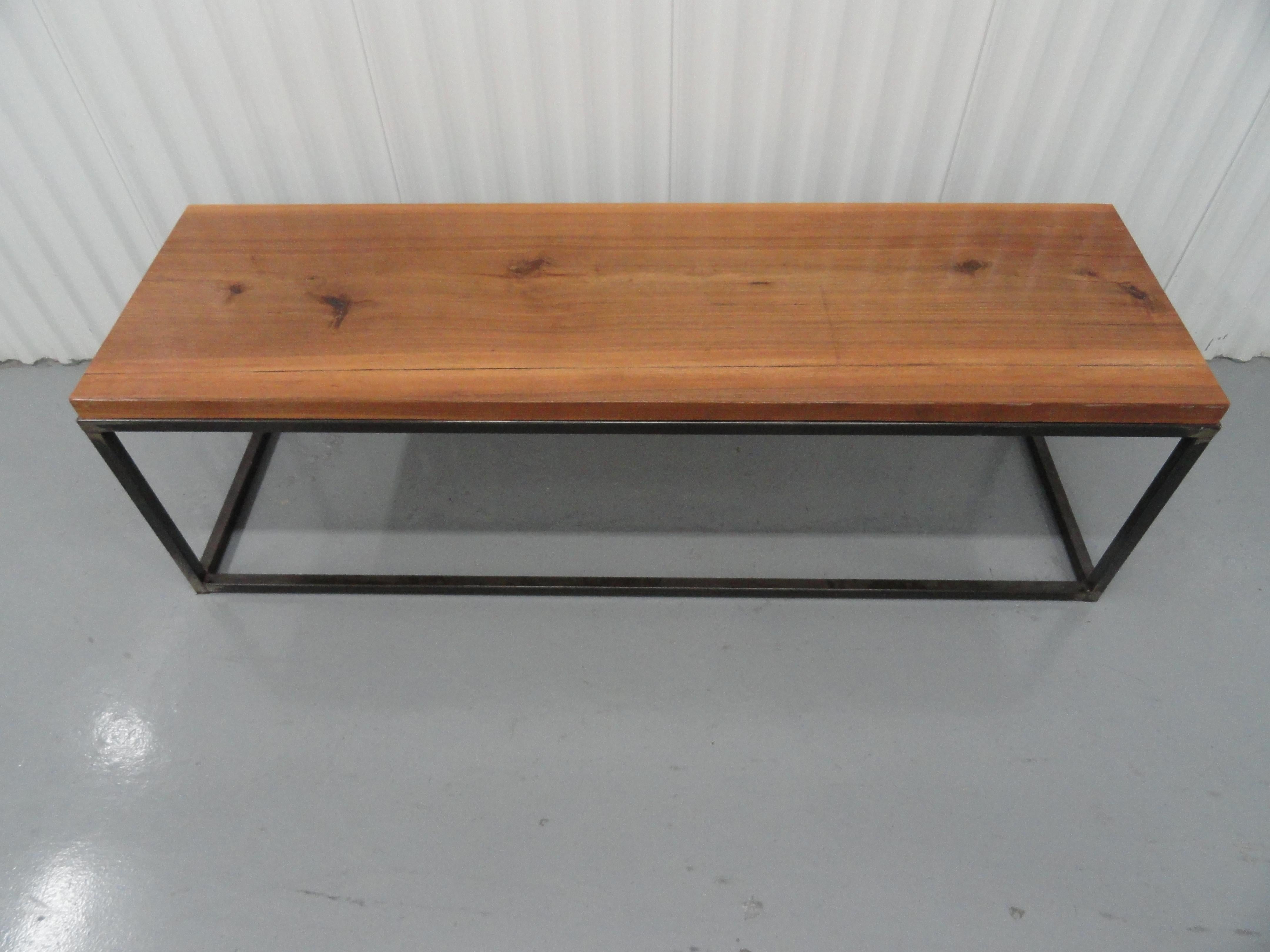 Custom-made wood and metal coffee table. Steel frame with oak finished top.