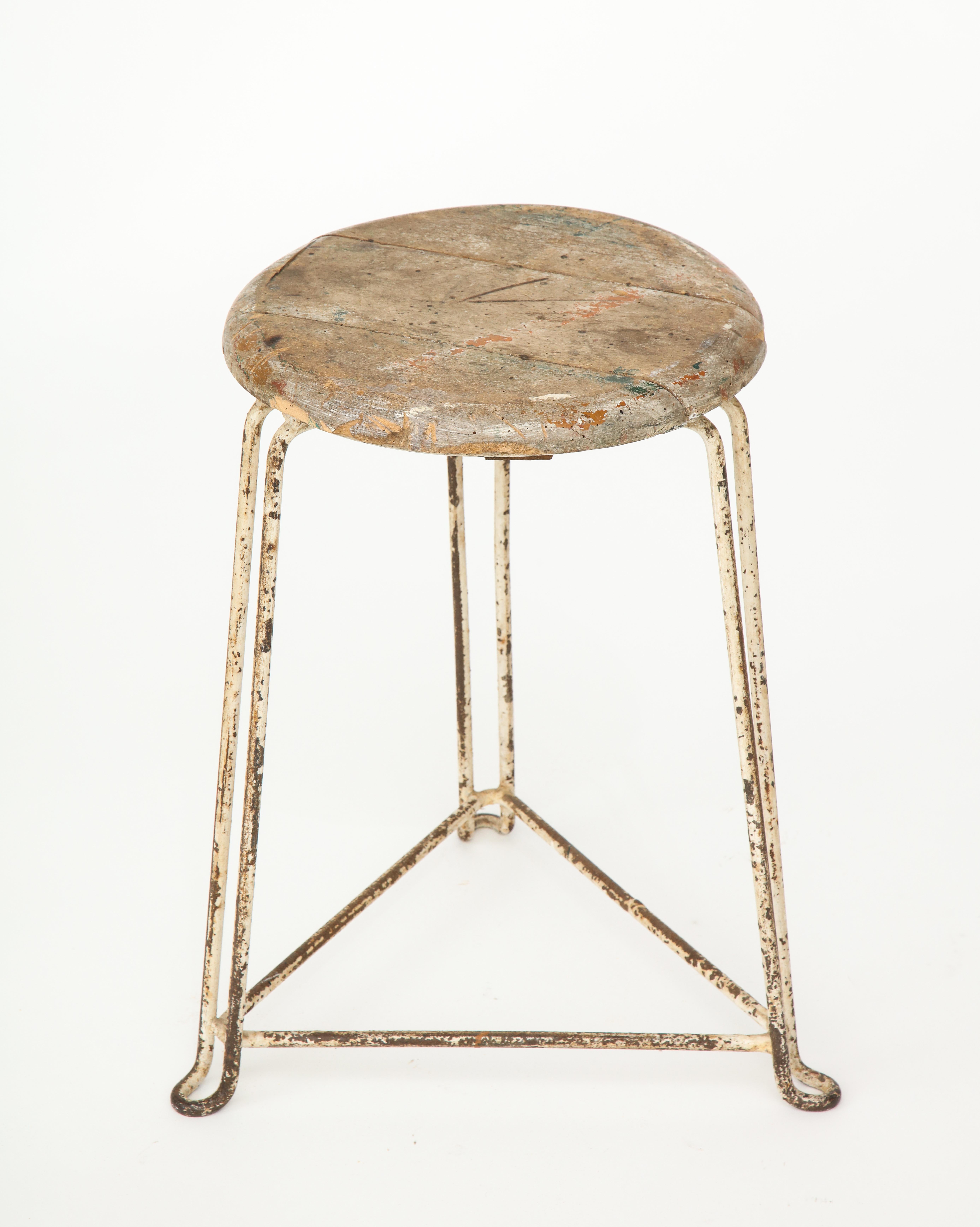 Wood and Metal Modern Industrial Vintage Stool, Heavy Patina, Belgium 1940's For Sale 1