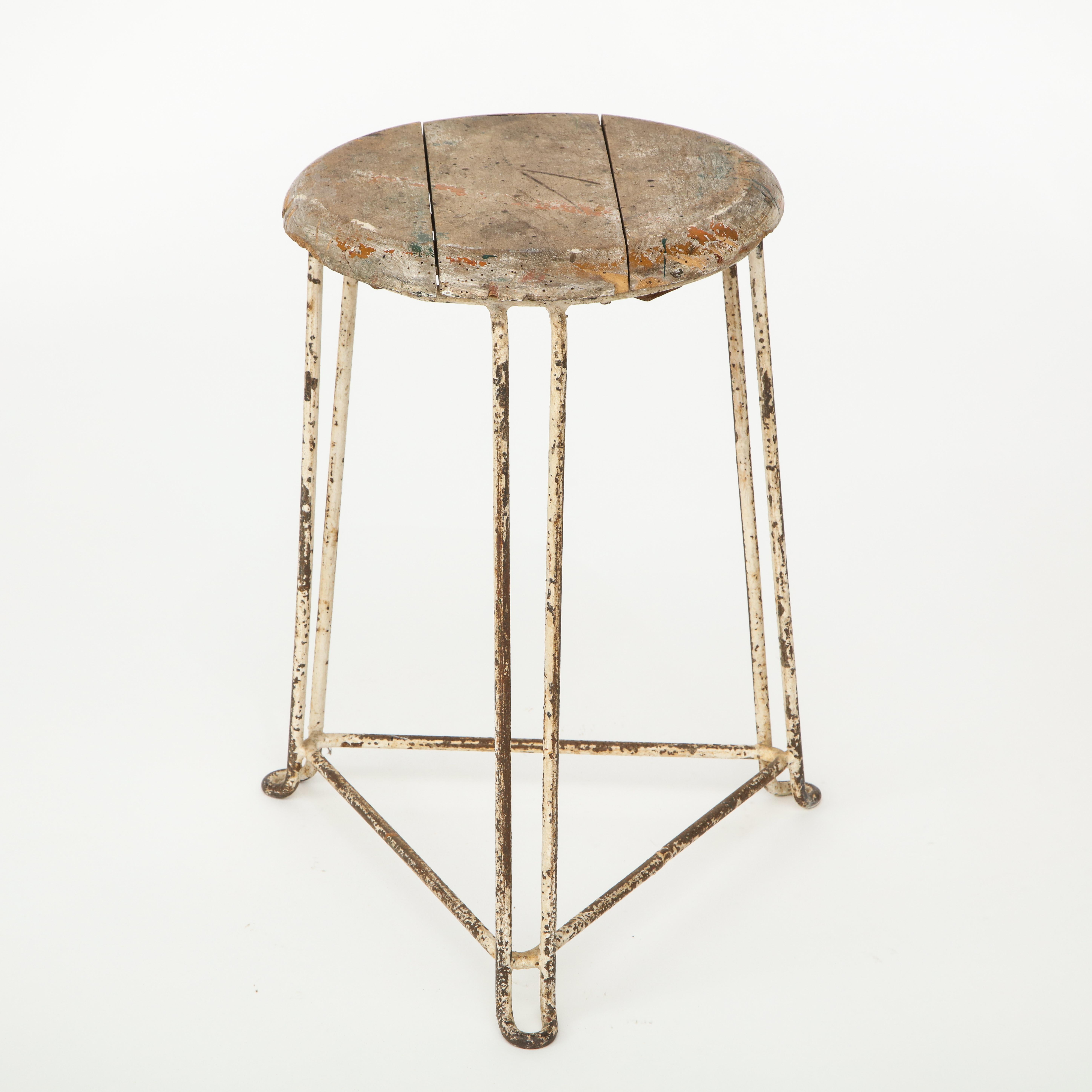 Wood and Metal Modern Industrial Vintage Stool, Heavy Patina, Belgium 1940's In Fair Condition For Sale In New York, NY