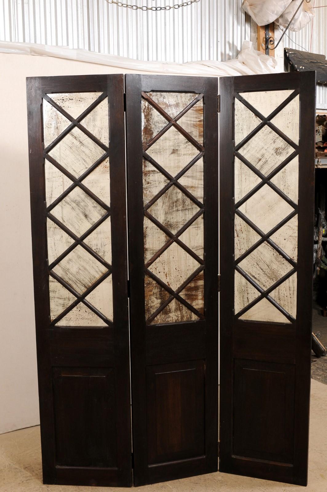 English Wood and Mirrored Folding Screen, Mid-20th Century For Sale