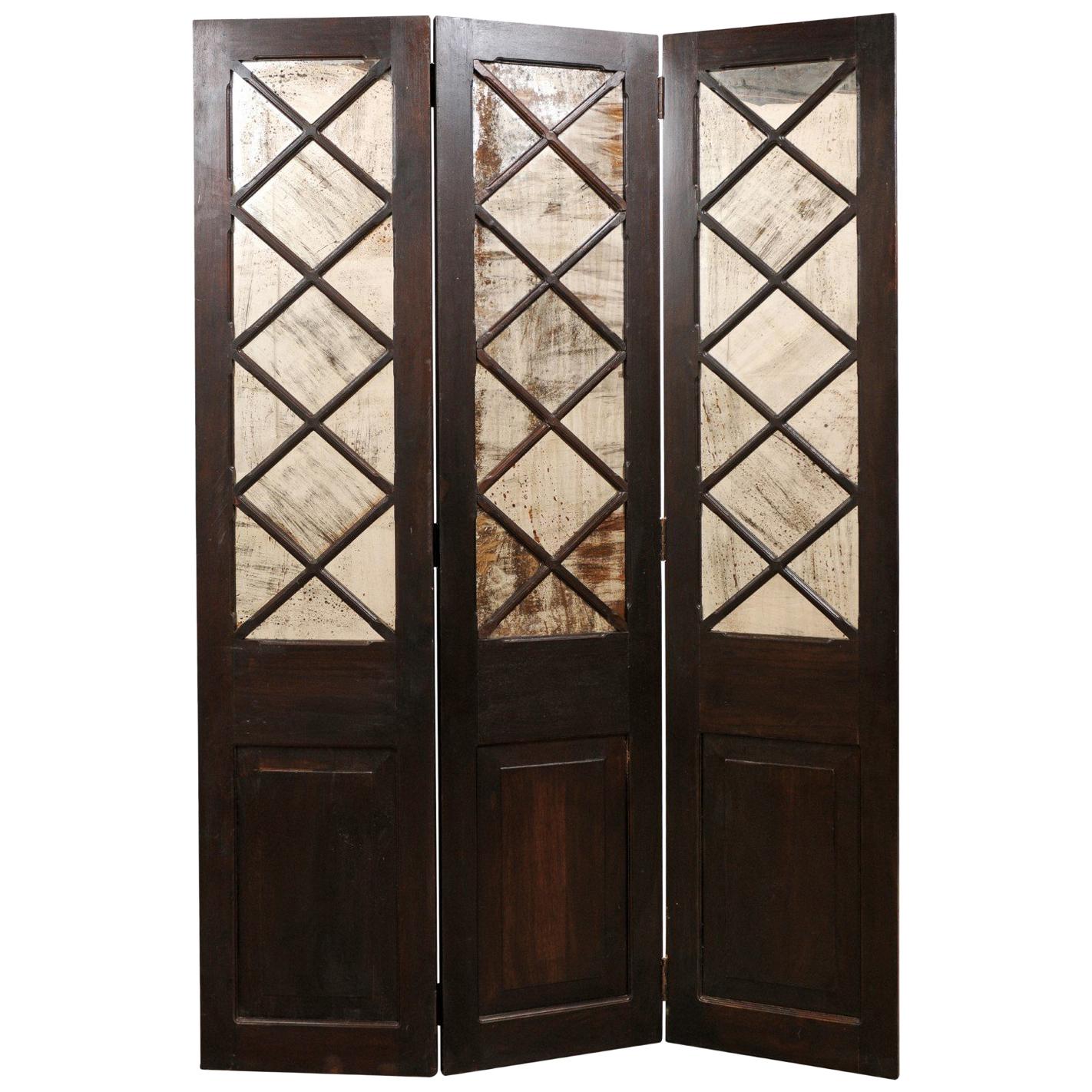 Wood and Mirrored Folding Screen, Mid-20th Century