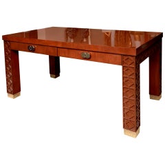 Wood and Nickel Silver Desk with Diamond Frette Work Vintage