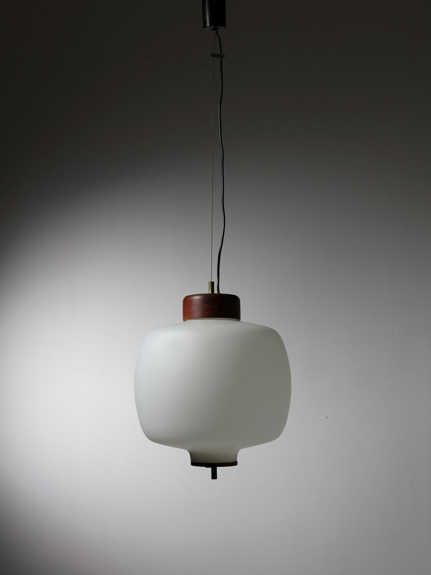 Italian Wood and Opaline Glass Pendant Lamp by Reggiani, Italy, 1960s For Sale