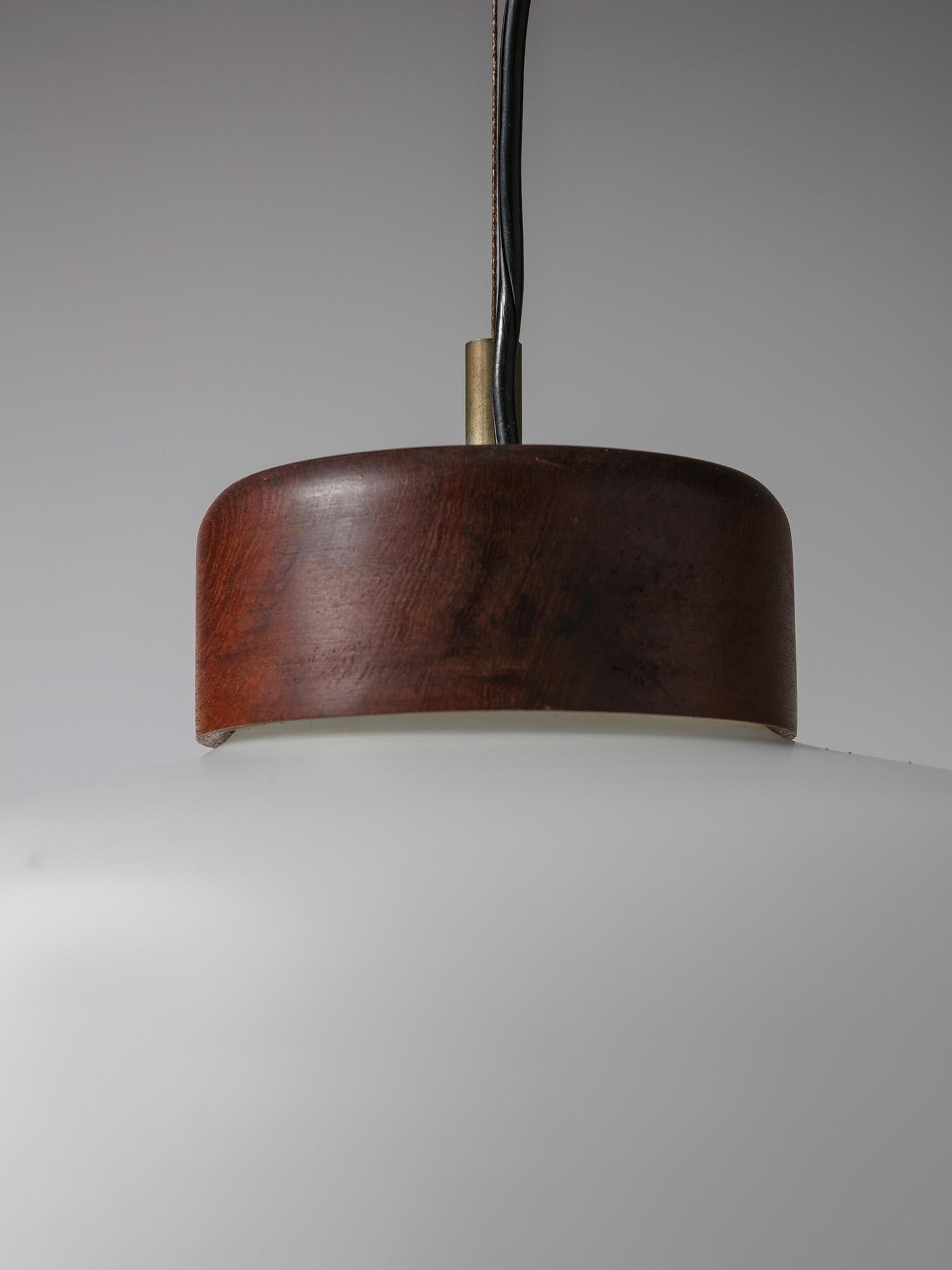 Brass Wood and Opaline Glass Pendant Lamp by Reggiani, Italy, 1960s For Sale