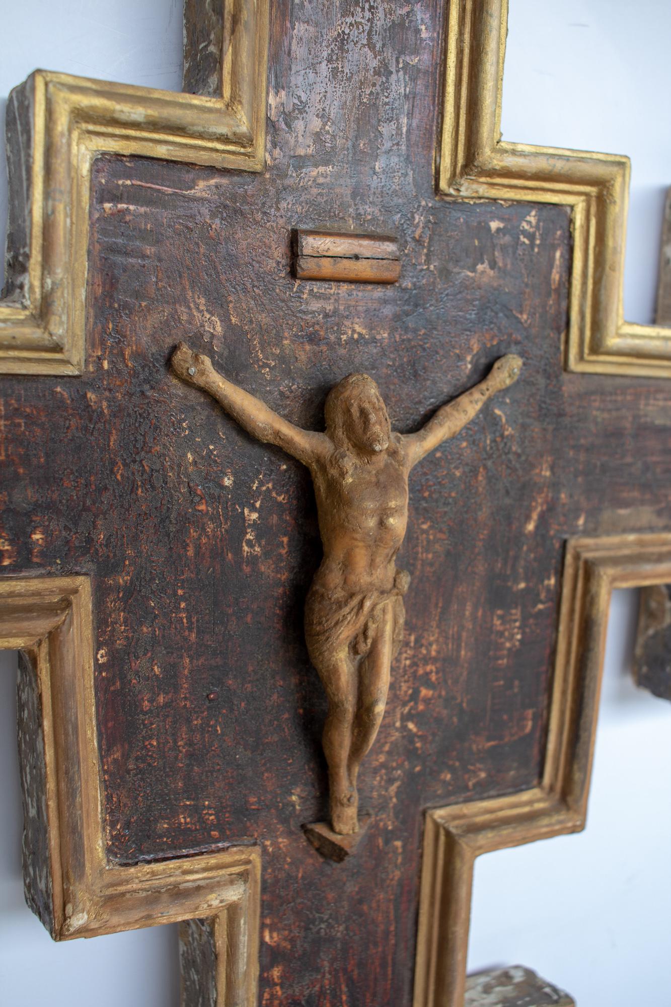 Italian Wood and Painted Gilt Crucifix Wall Plaque Found in Italy