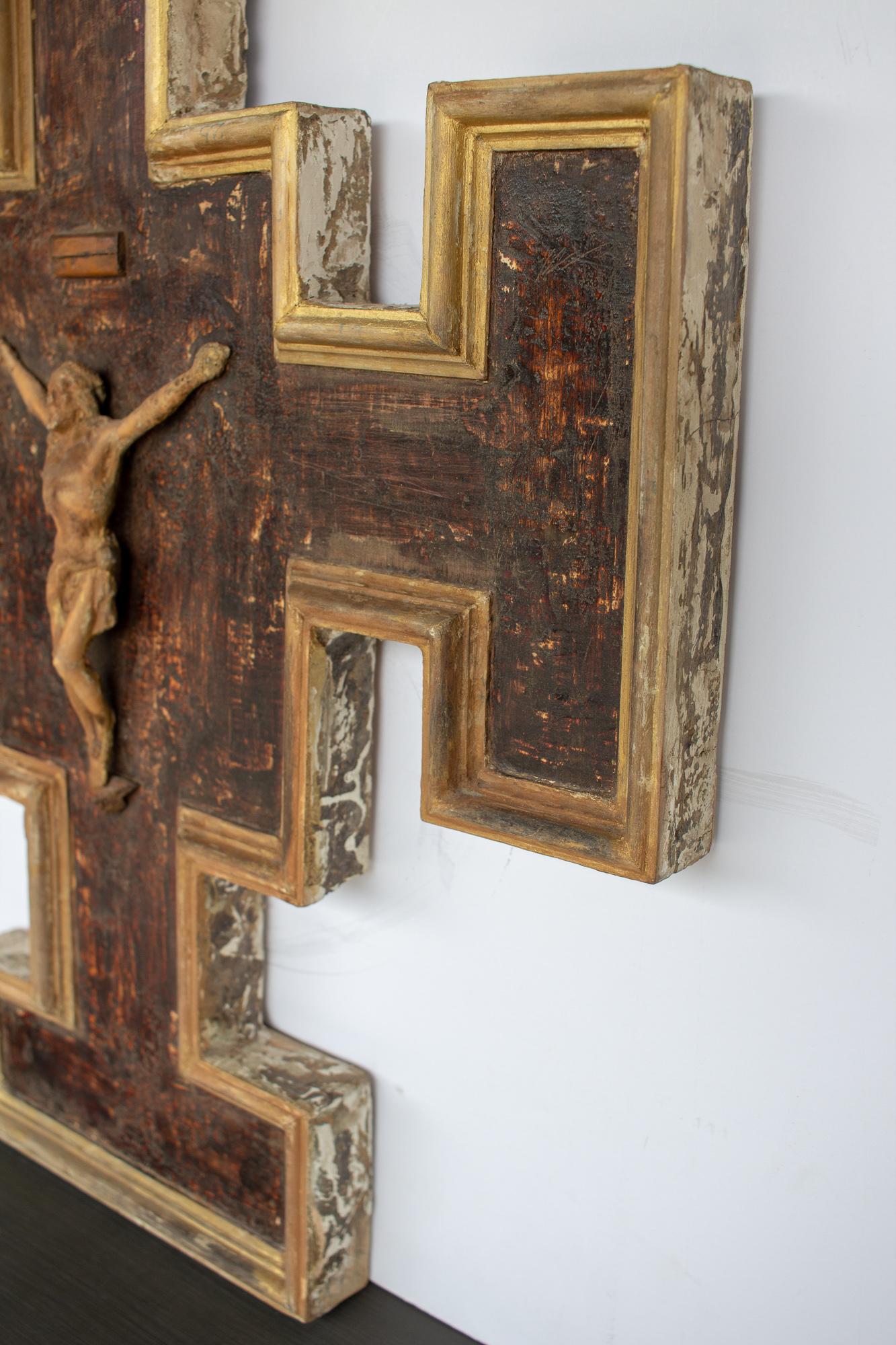 Wood and Painted Gilt Crucifix Wall Plaque Found in Italy 1