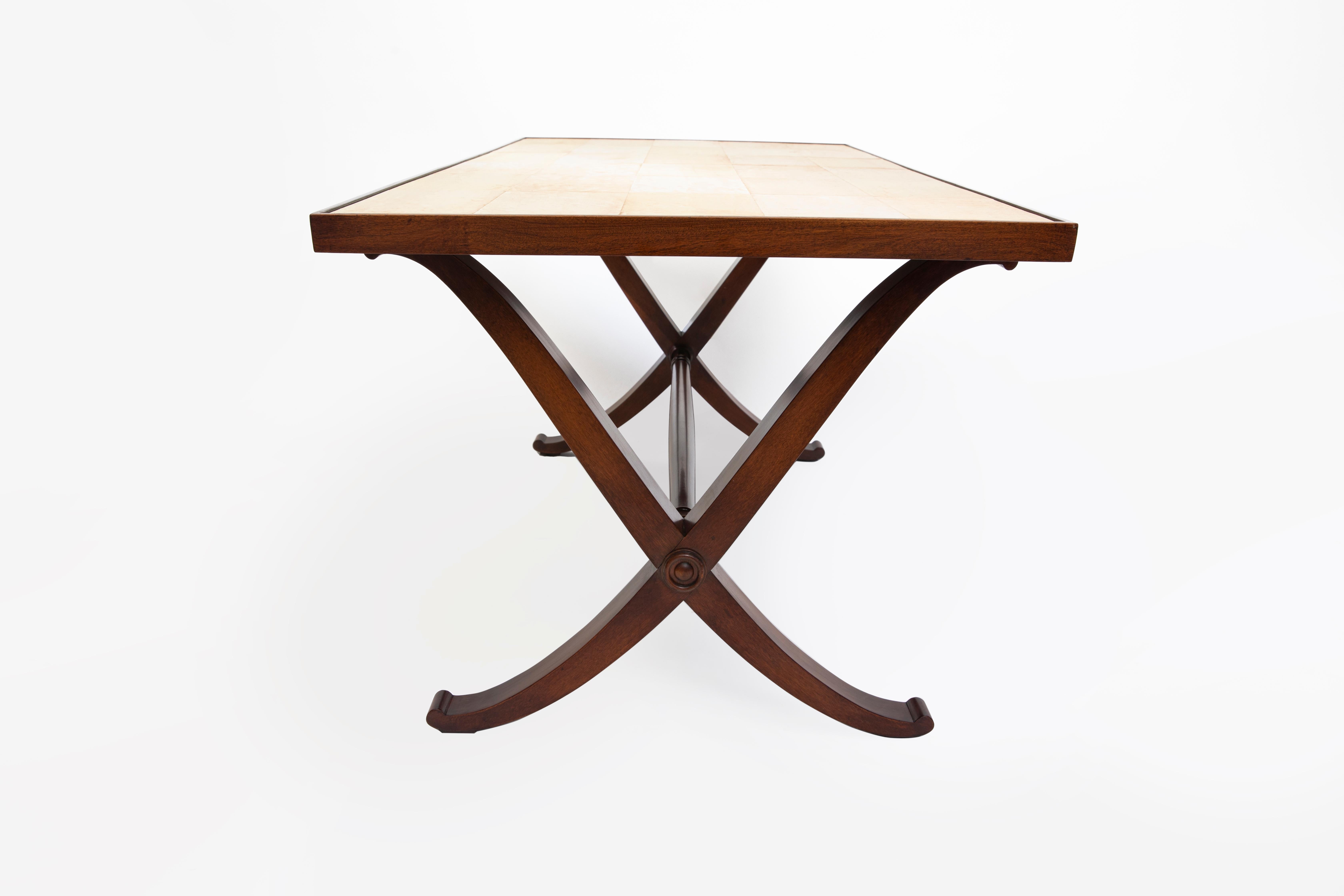 Wood and parchment low table by Comte, Argentina, Buenos Aires, circa 1950.