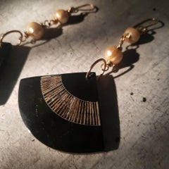 Dark Wood and Peach Pearl Gold Chain Earrings