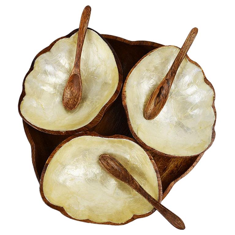 Wood and Pearl Condiment Dish Serving Set with Spoons and Tray, Philippines