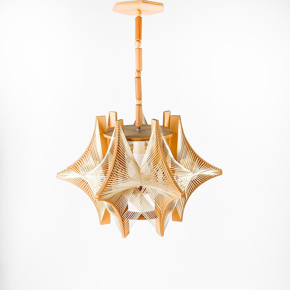 Spanish Wood and Raffia Ceiling Lamp, 1980's For Sale