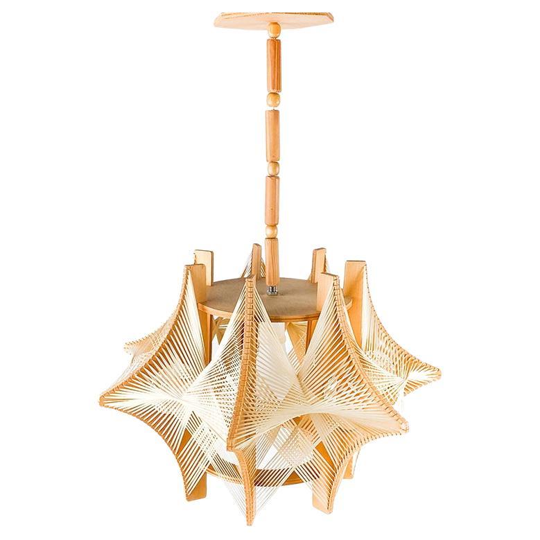 Wood and Raffia Ceiling Lamp, 1980's For Sale
