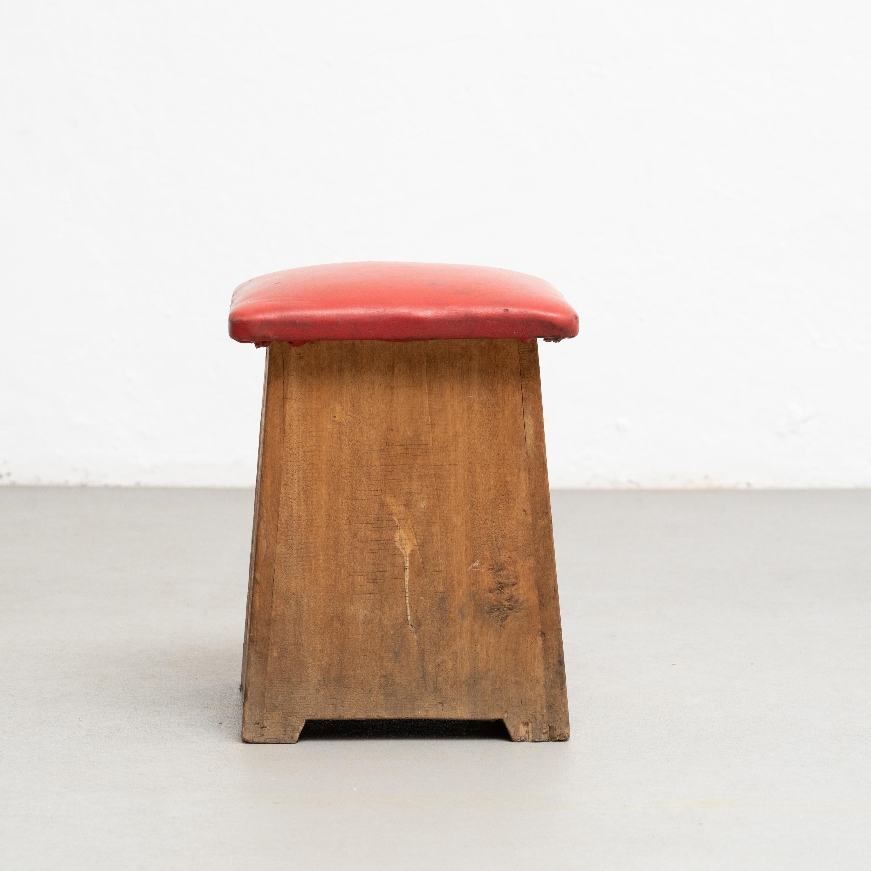 Mid-Century Modern Wood and Red Skai Stool, circa 1960  For Sale