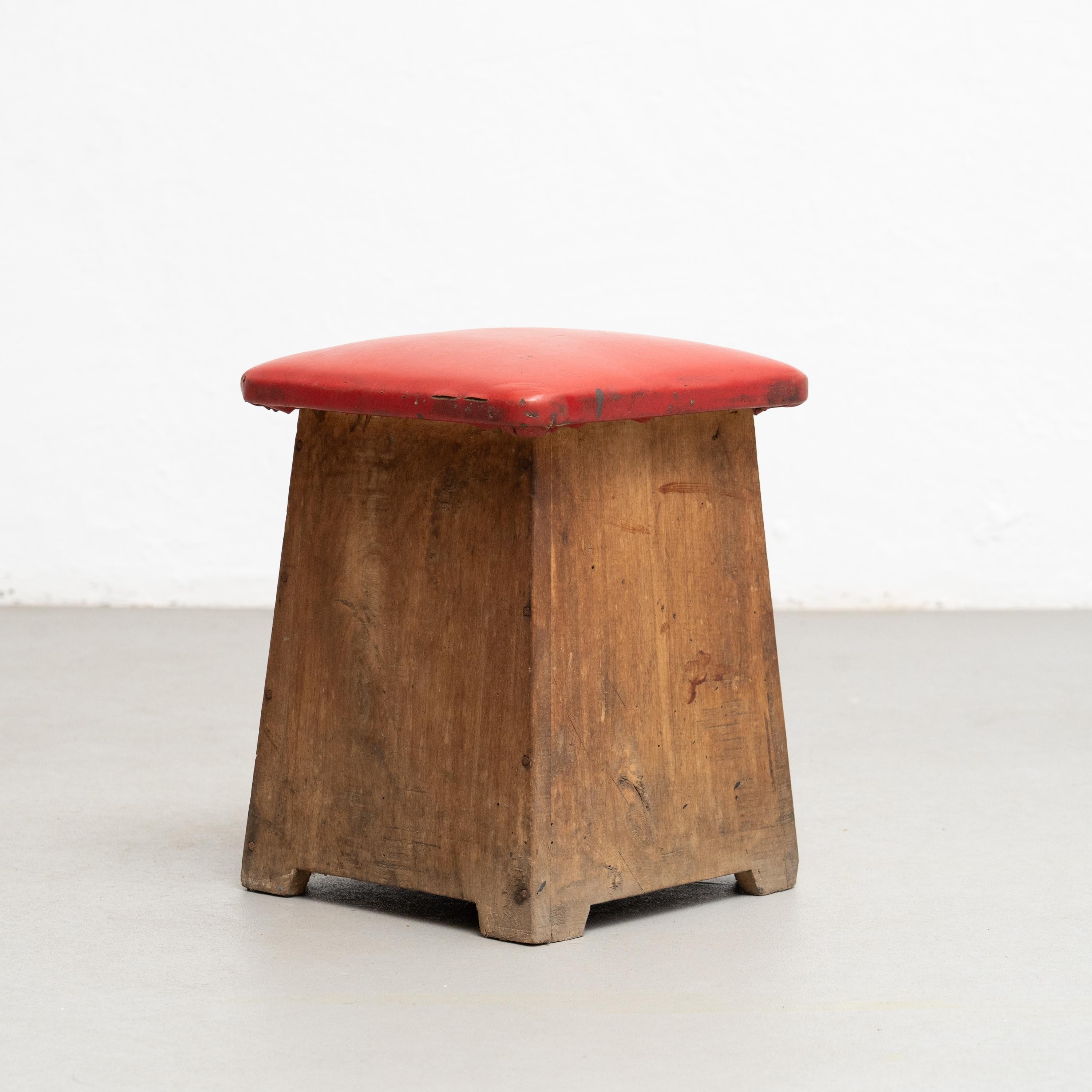 Mid-20th Century Wood and Red Skai Stool, circa 1960  For Sale