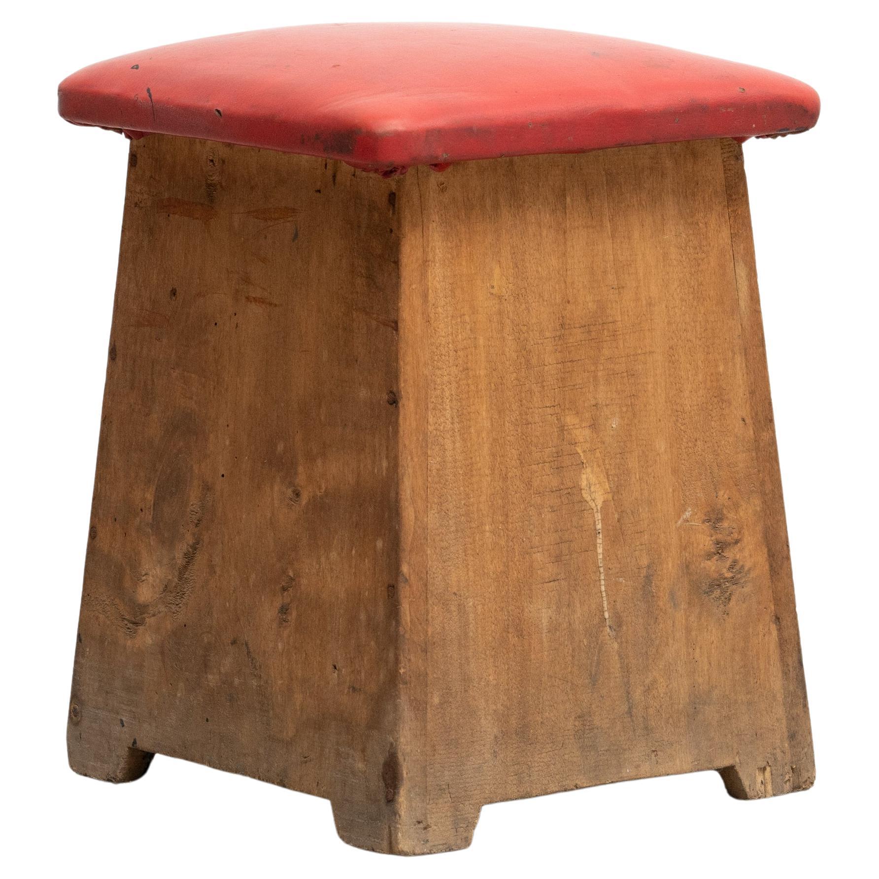 Wood and Red Skai Stool, circa 1960  For Sale