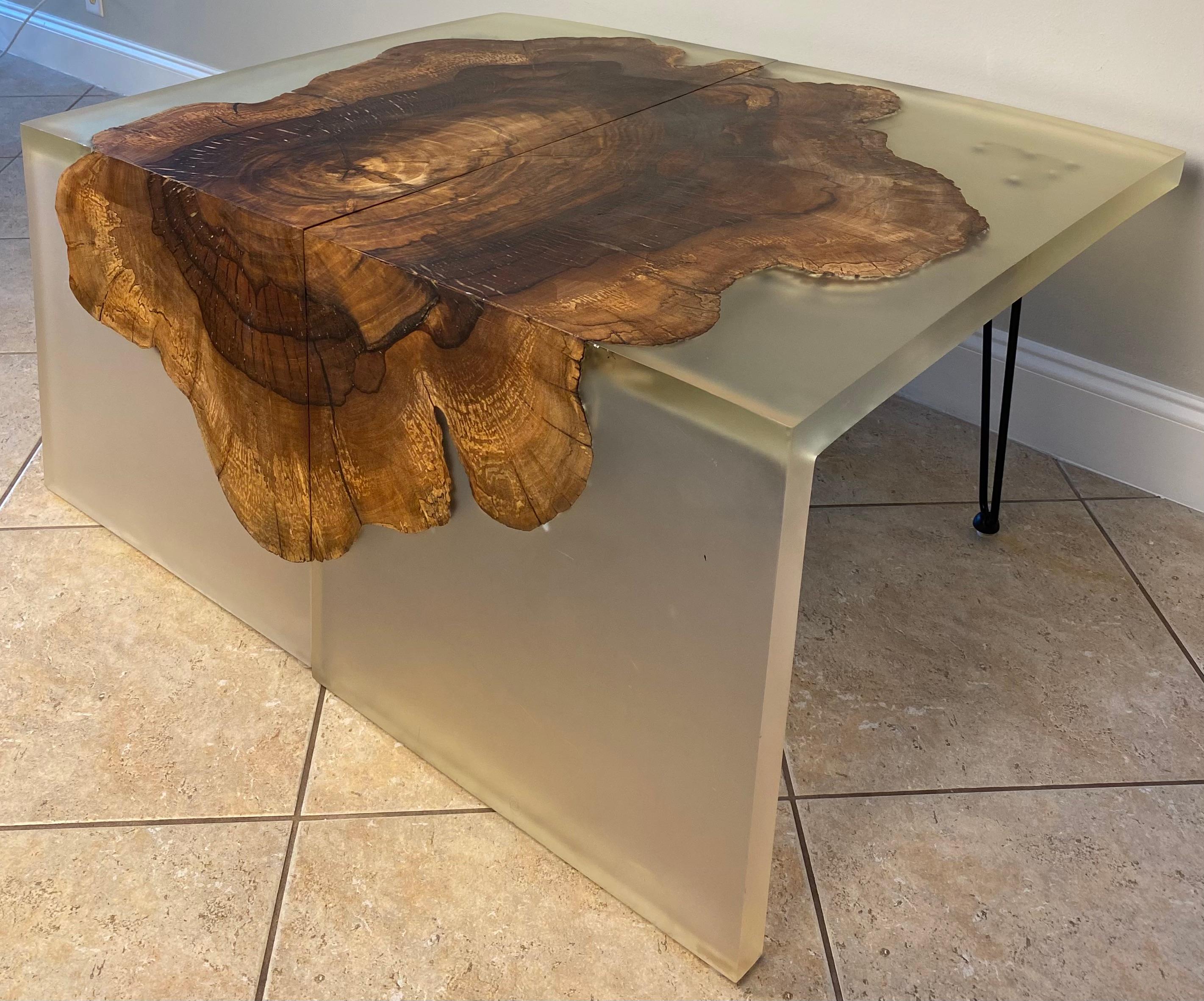 A Pair of Mid Century End Tables Wood and Resin Cantilevered or a Coffee Table For Sale 2