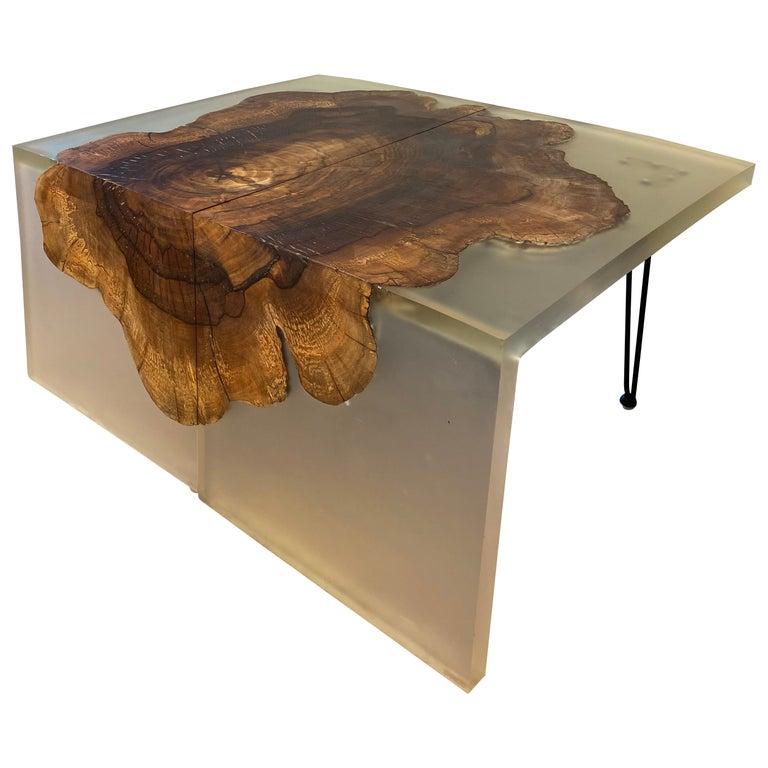 American A Pair of Mid Century End Tables Wood and Resin Cantilevered or a Coffee Table For Sale