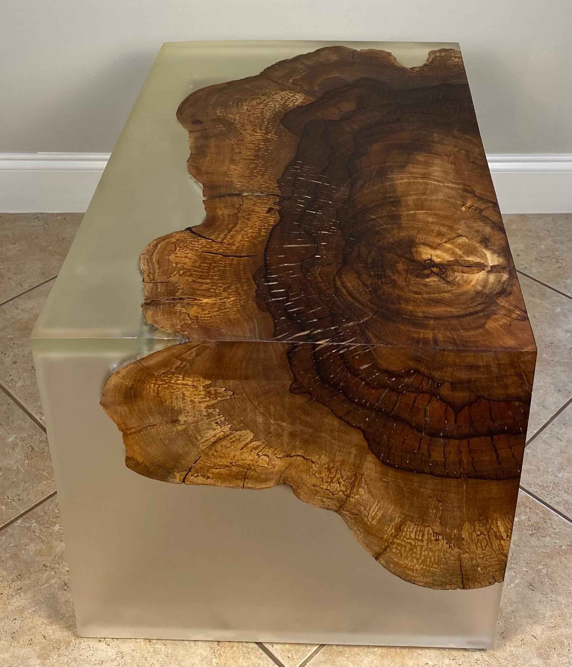 A Pair of Mid Century End Tables Wood and Resin Cantilevered or a Coffee Table In Good Condition For Sale In Miami, FL