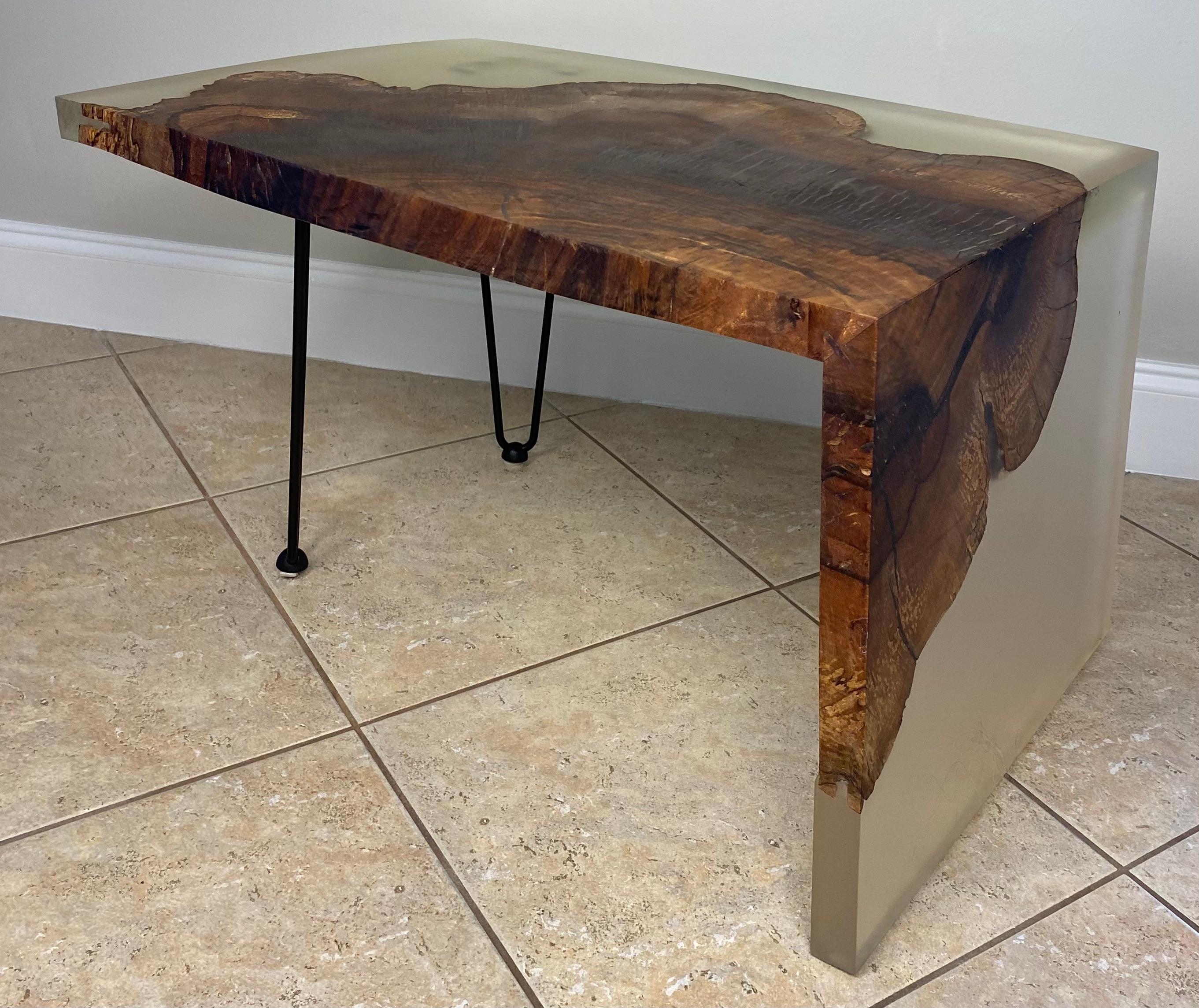20th Century A Pair of Mid Century End Tables Wood and Resin Cantilevered or a Coffee Table For Sale