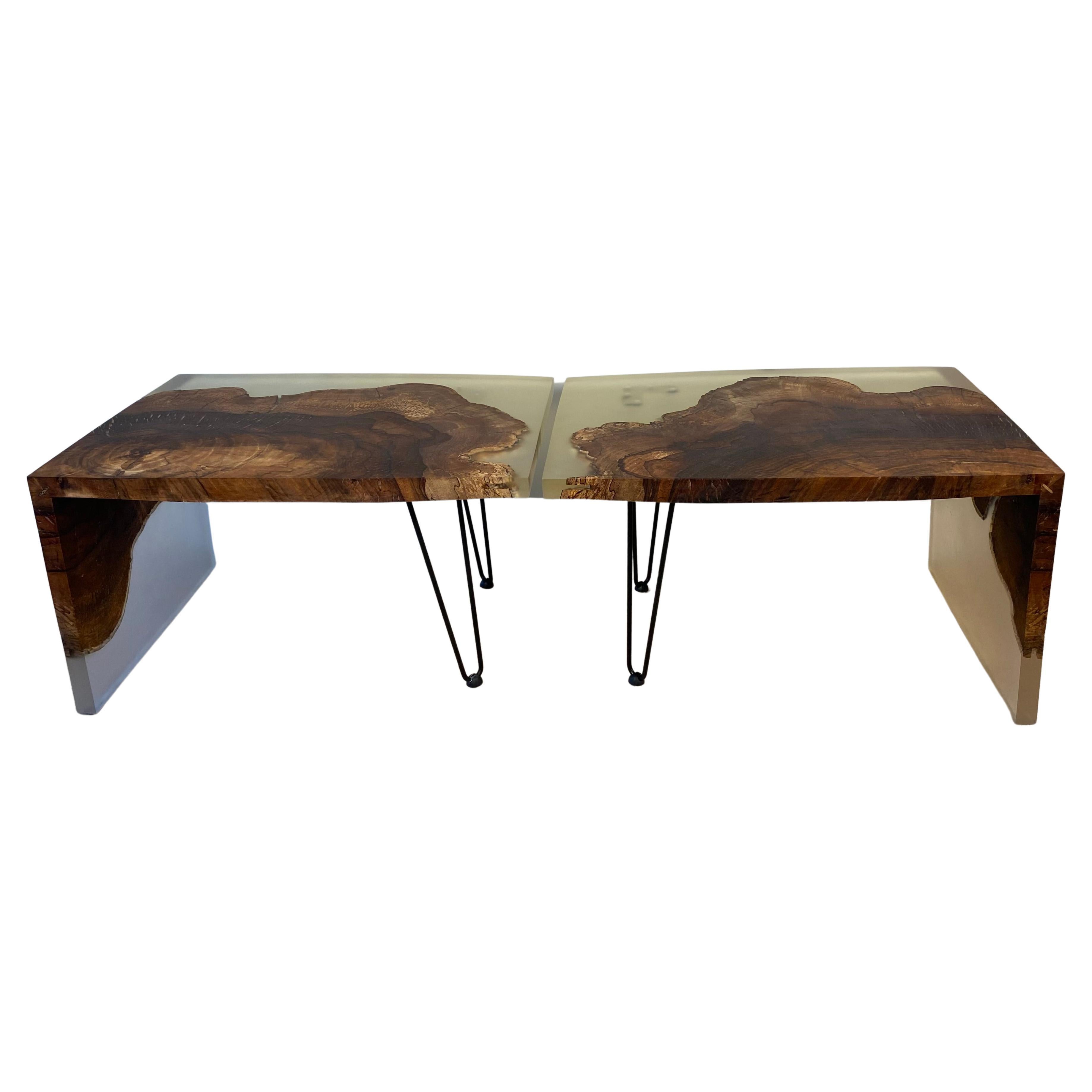 A Pair of Mid Century End Tables Wood and Resin Cantilevered or a Coffee Table For Sale
