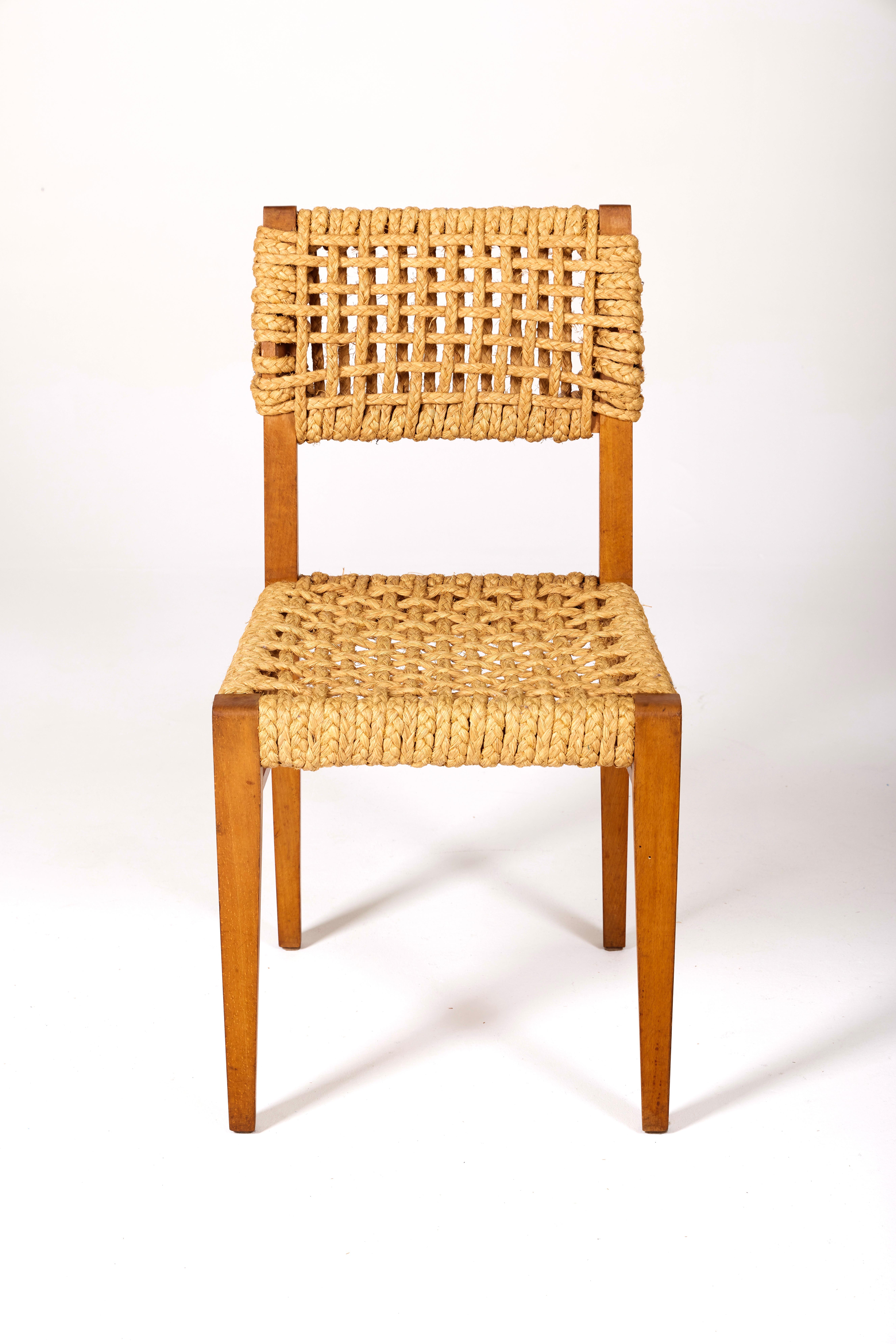 Wood and rope chair by Audoux & Minet In Good Condition In PARIS, FR