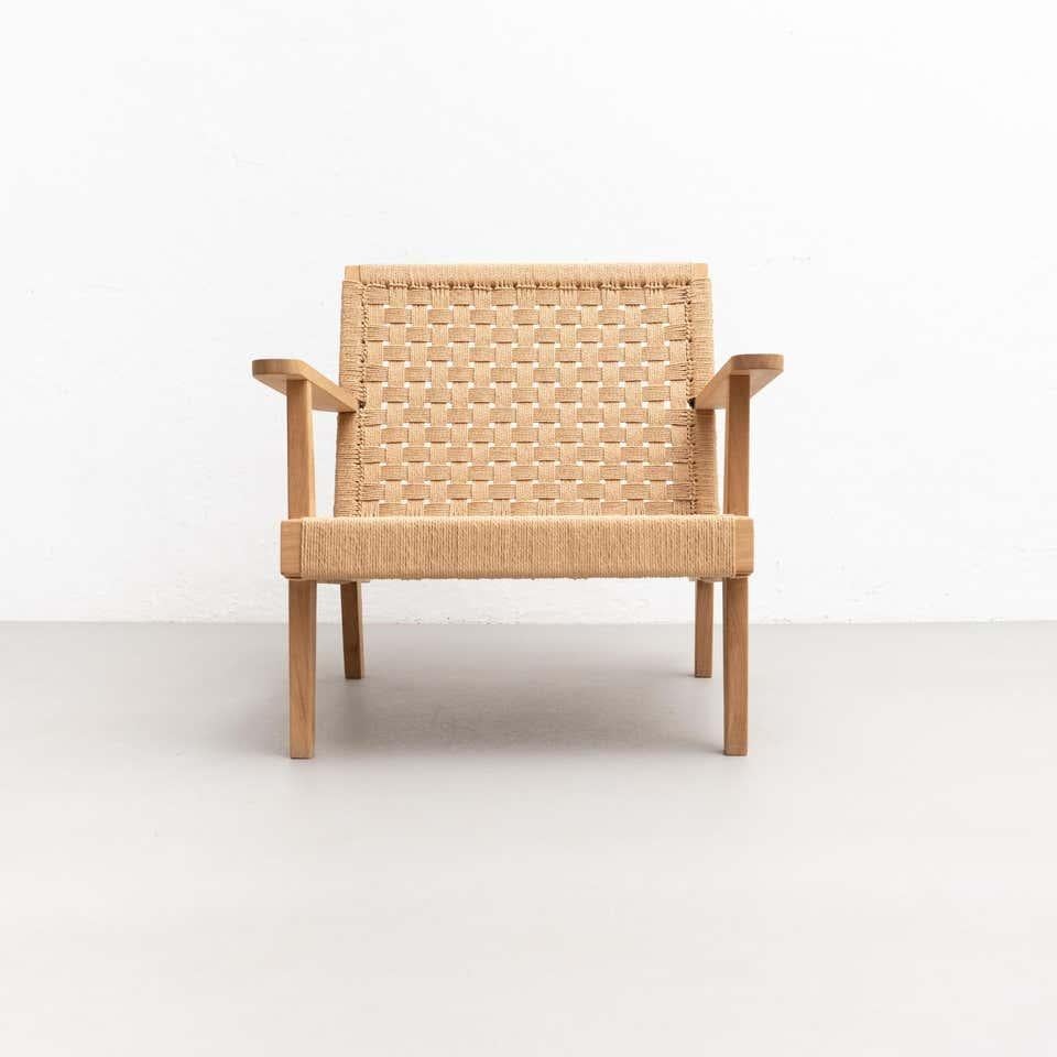 Contemporary Wood and Rope Easy Armchair after Clara Porset For Sale