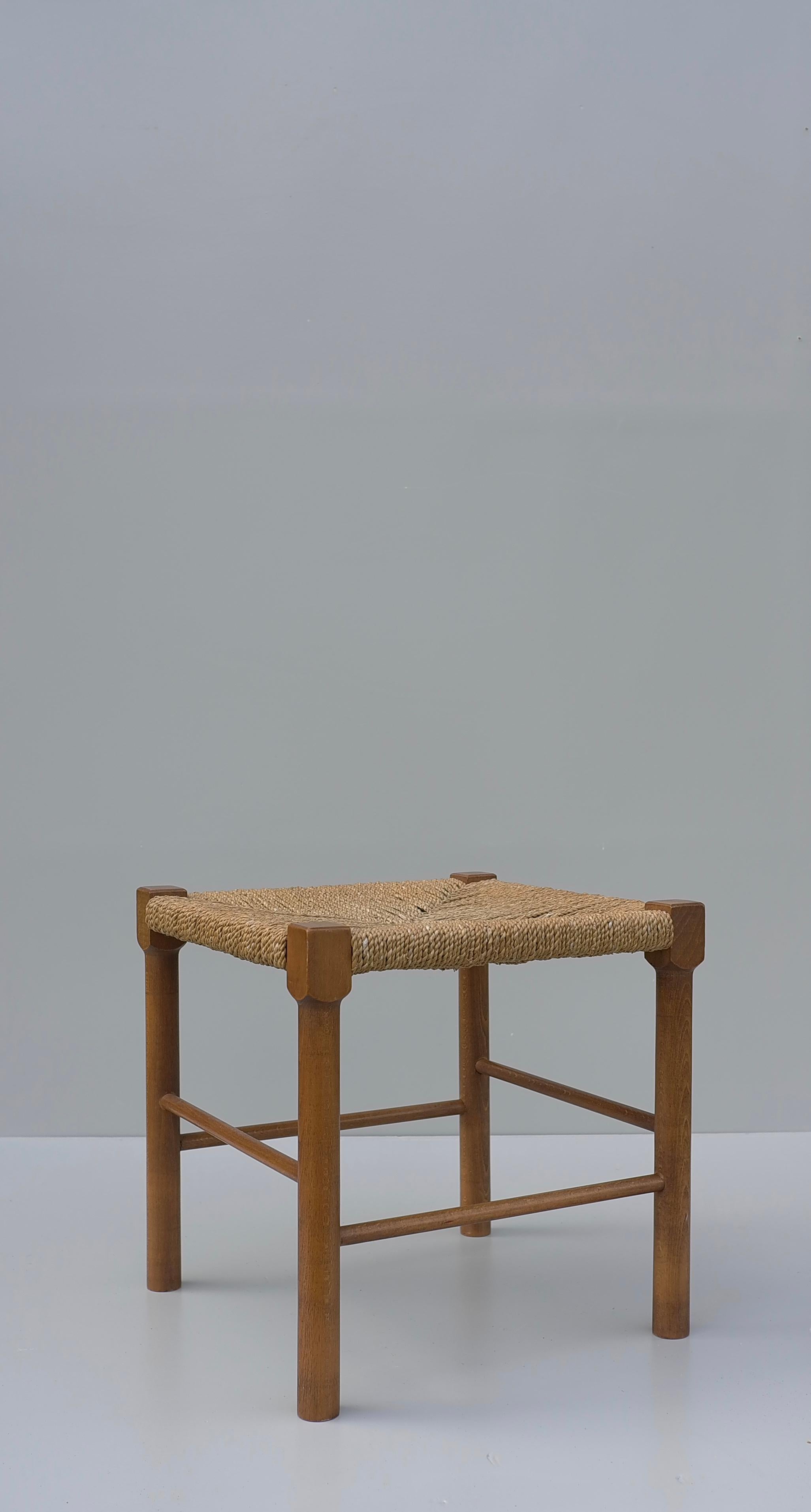 Solid Oak and Rope Stool, France 1950's