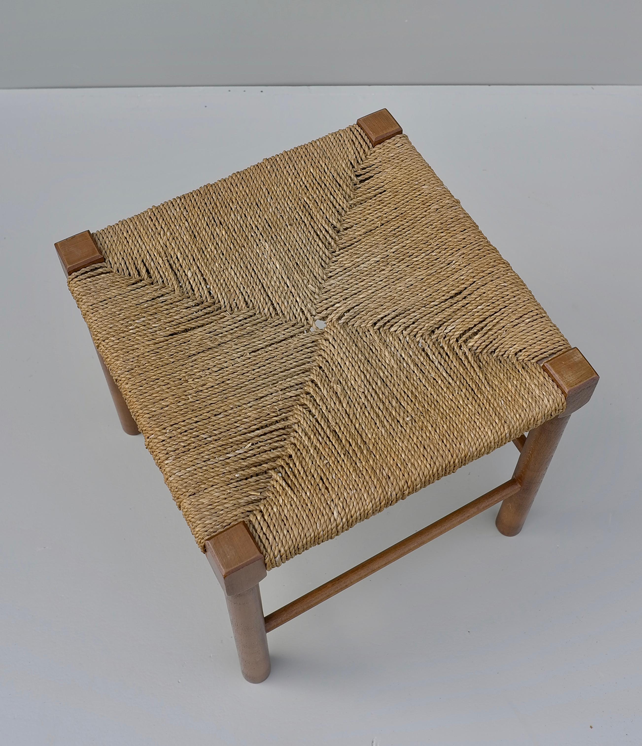 Mid-Century Modern Wood and Rope Mid-Century Stool, France 1950's For Sale