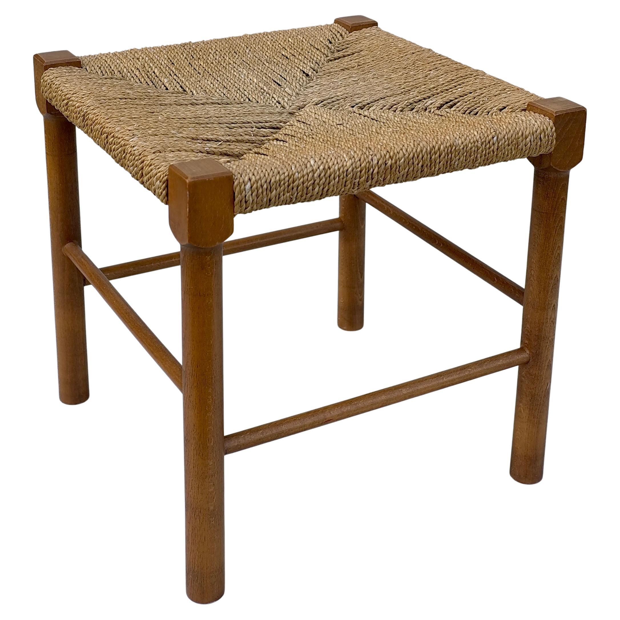 Wood and Rope Mid-Century Stool, France 1950's For Sale