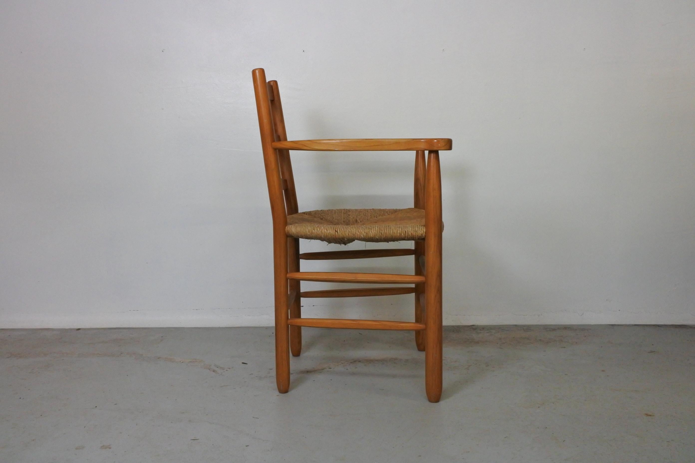 French Wood and Rush Armchair in the Style of Charlotte Perriand, France, 1960s