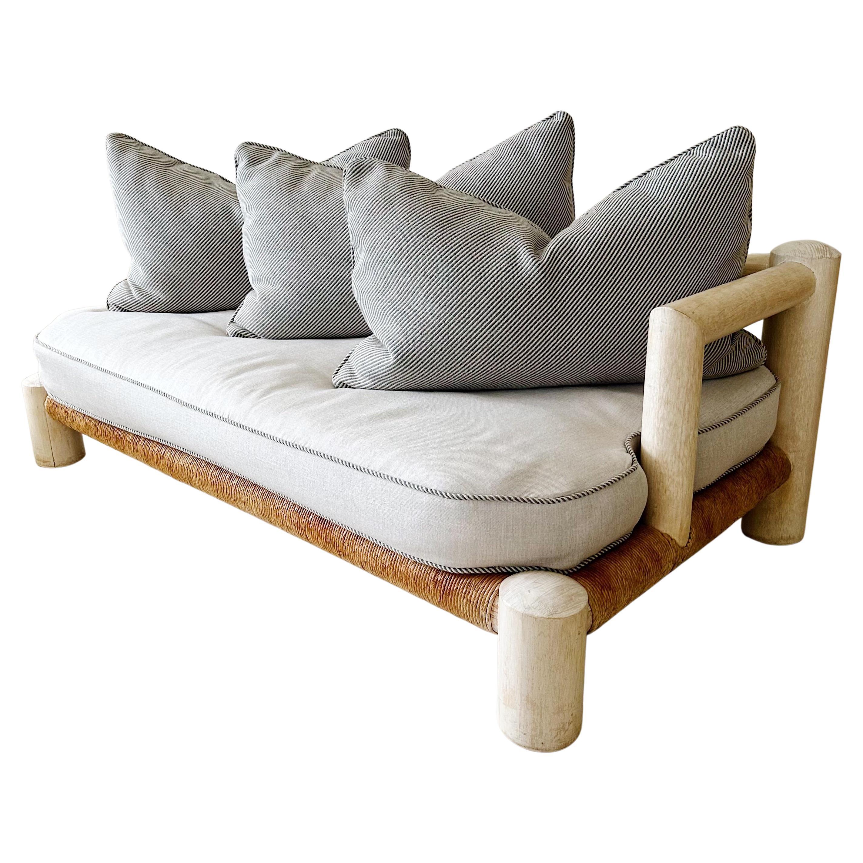 Wood and Rush Organic Vintage Sofa Michael Taylor Style