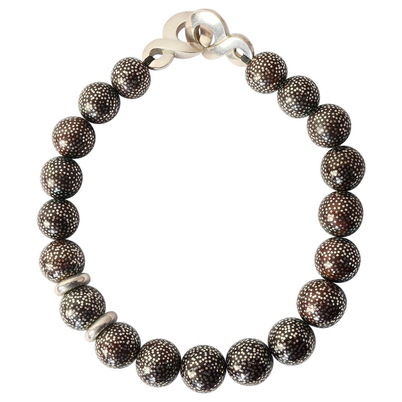 Wood and Silver Dots Necklace For Sale