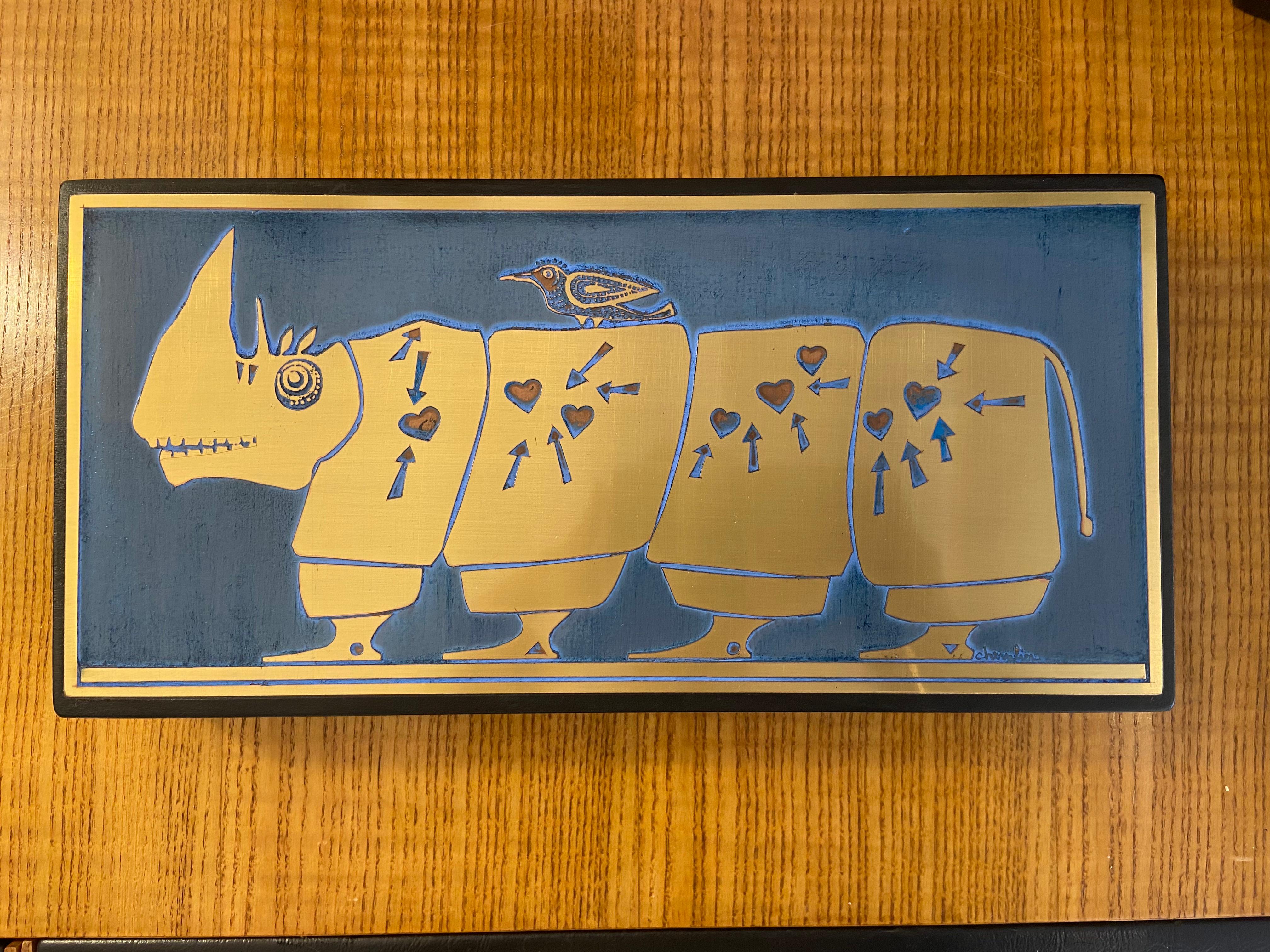 Jean-Pierre Chevalier
Boîte à rhinocéros en bois et inox
Signé par l'artiste. 
France 1970
H. 5 cm, L. 31 cm, L. 15 cm