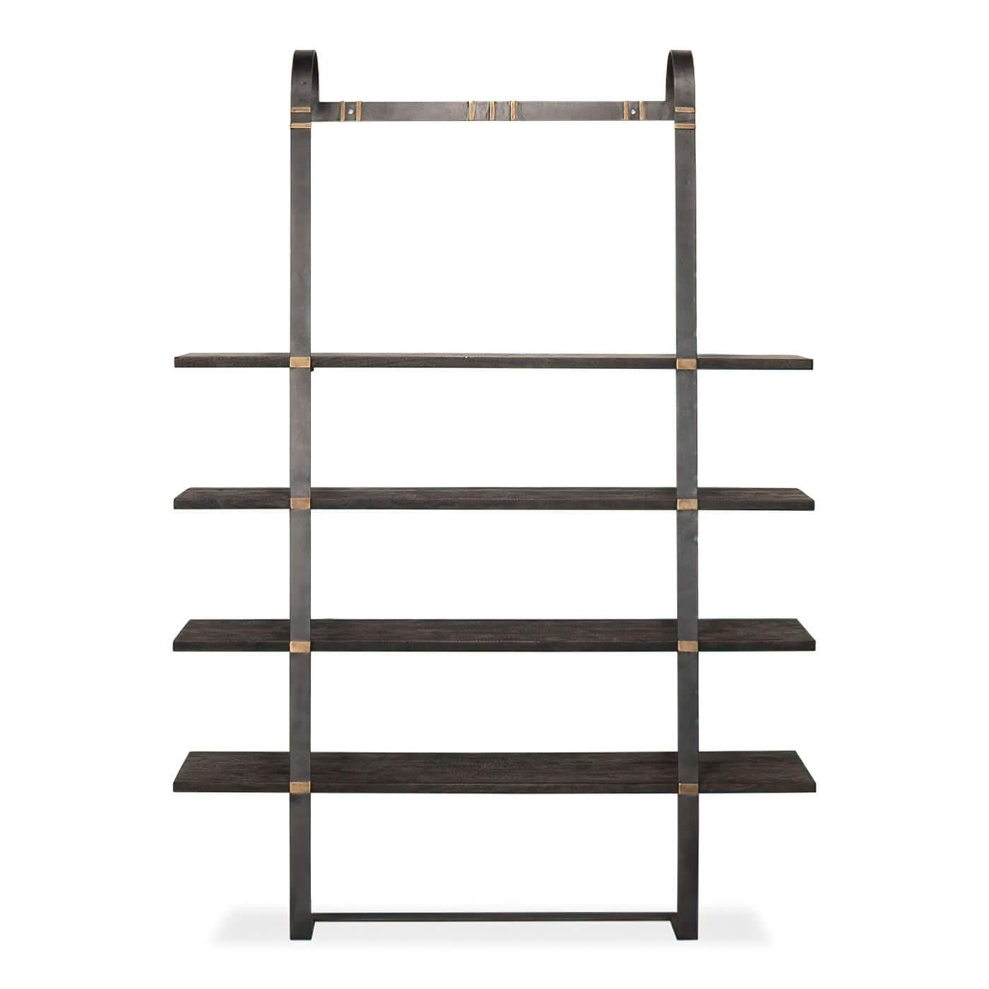 A wood and steel leaning bookshelf with hand-beaten steel, hardwood acacia, turned inside out and embossed with strips of brass. 

Dimensions:
59