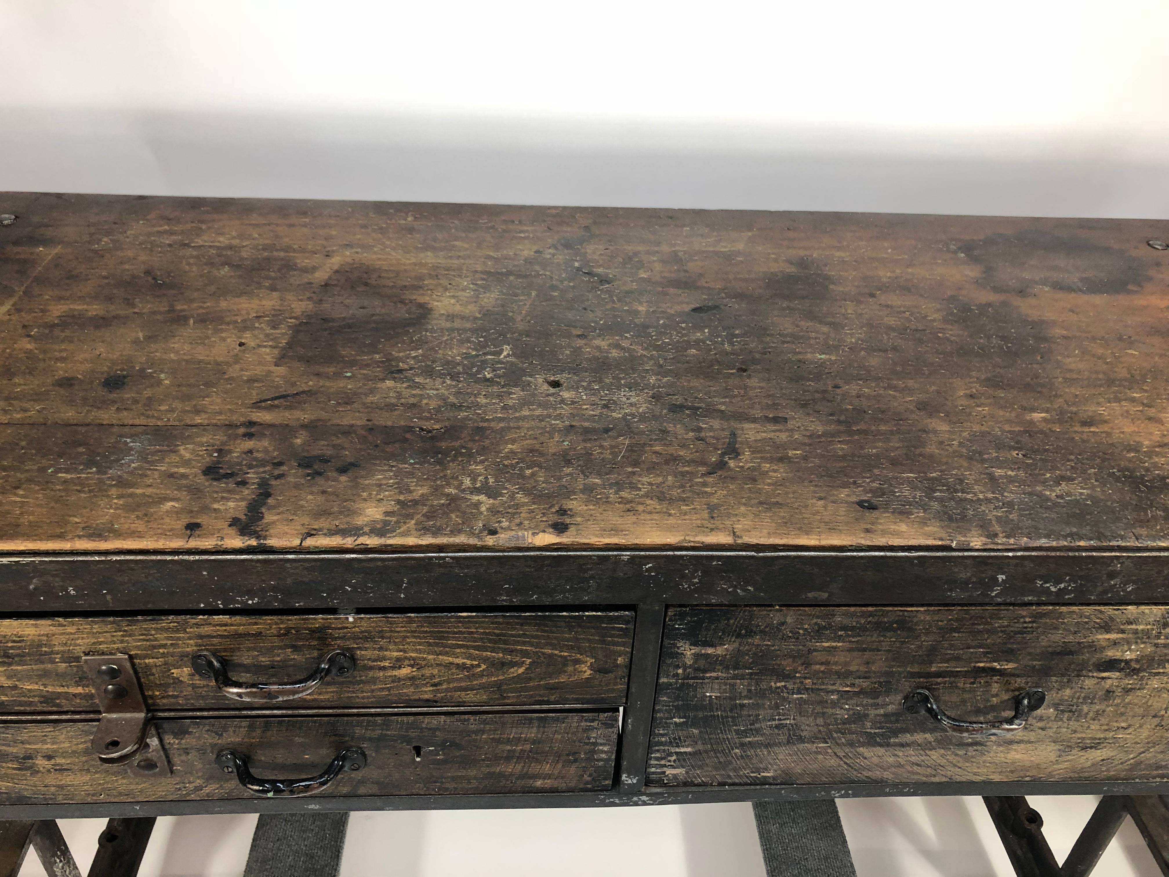 20th Century Wood and Steel Industrial Console Table with Original Patina For Sale