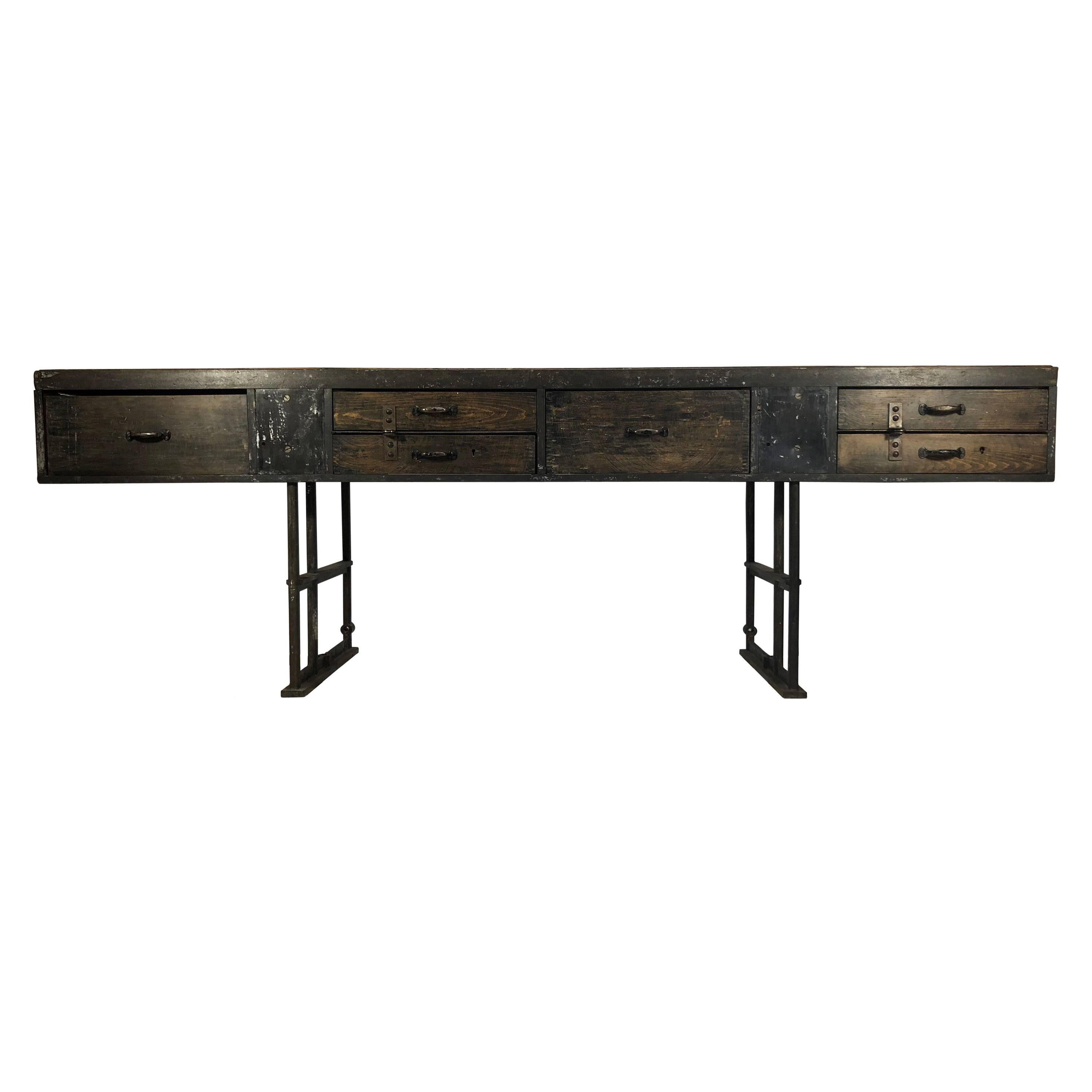 Wood and Steel Industrial Console Table with Original Patina For Sale