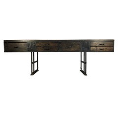 Wood and Steel Industrial Console Table with Original Patina