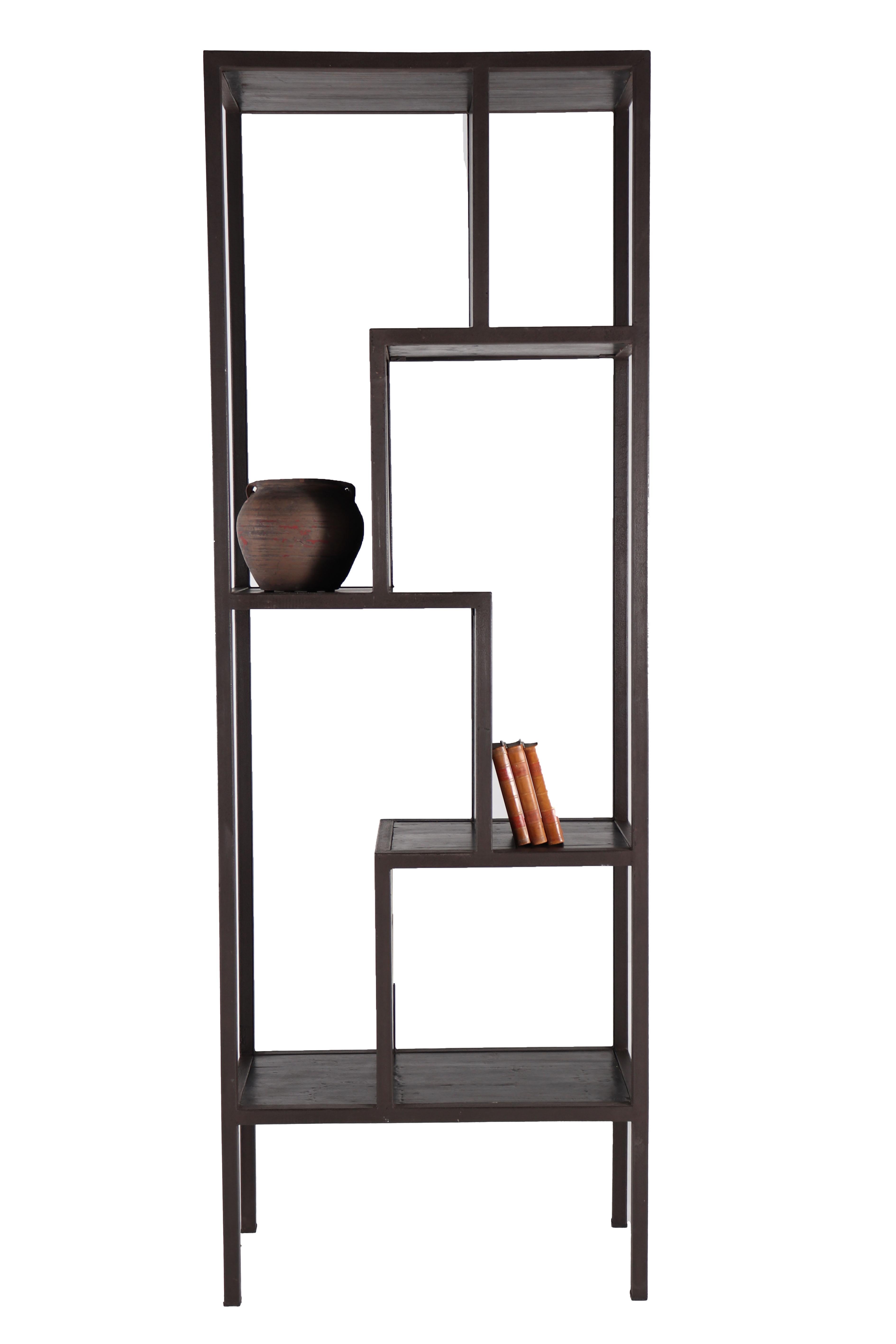This etagere features staggered shelving, beautifully textured wood shelves and metal frame.